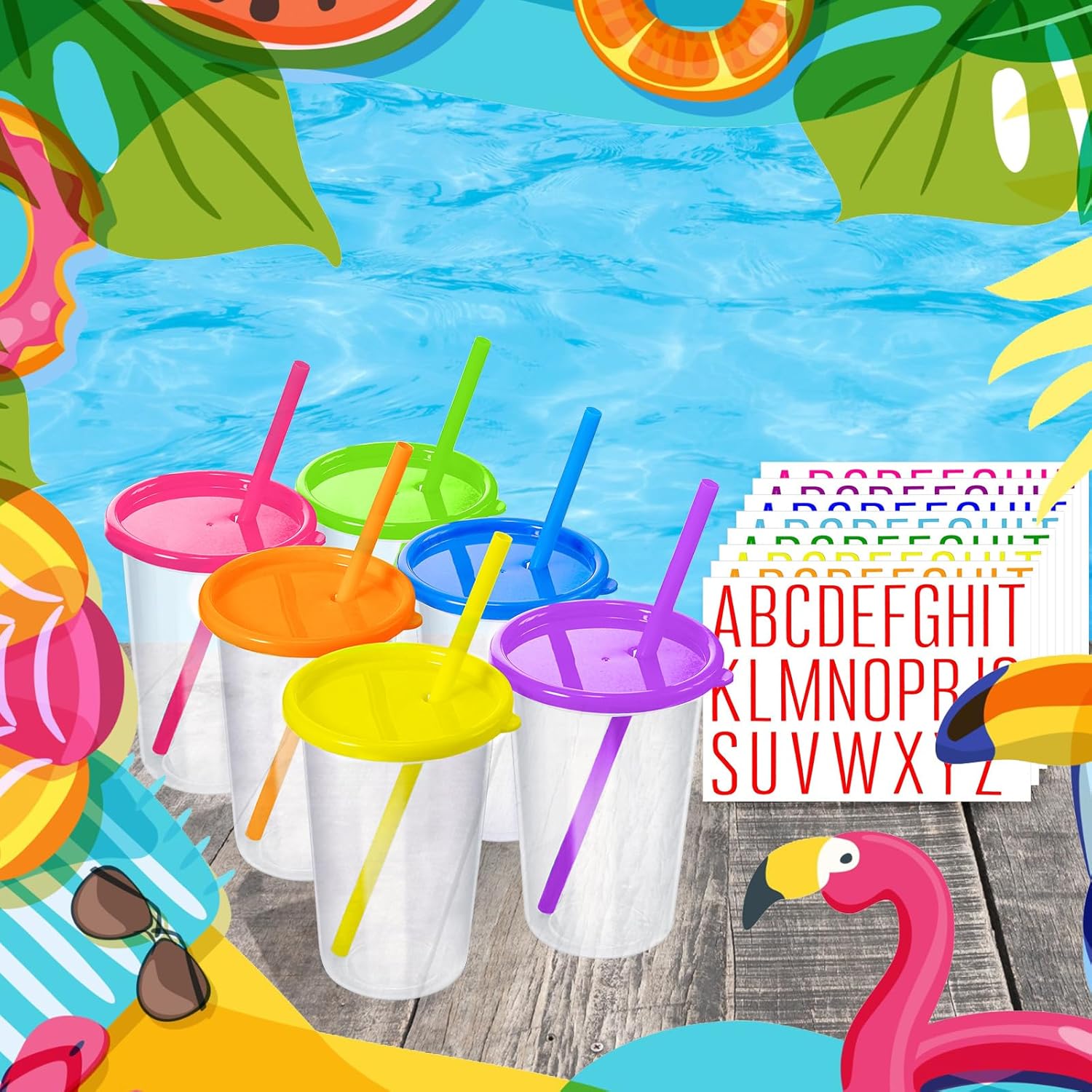 Nuanchu Plastic Cups with lids and Straws Reusable 14oz Tumbler with Sheets Letter Stickers for adult Iced Coffee Cup Travel Mug for Party Favors Beach Juices(Vivid Colors,24 Pcs)