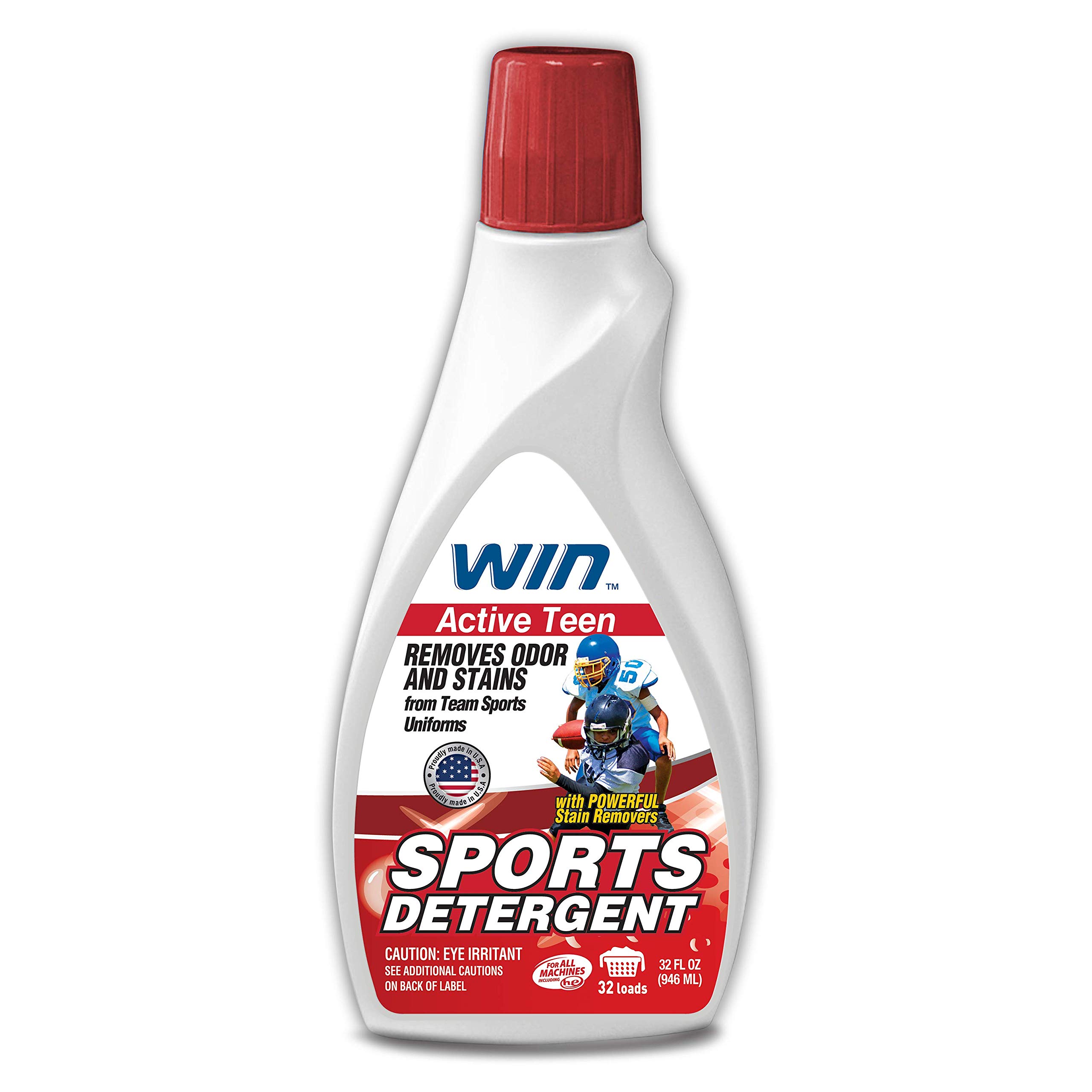 WIN Sports Laundry Detergent for Removing Stink and Odor from Microfiber and Activewear Workout Gear (Red/Active Teen & Family, 32oz)