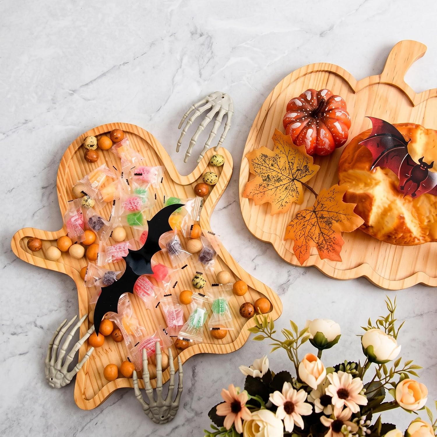 Halloween Charcuterie Board 2pcs, Divided Wood Serving Trays