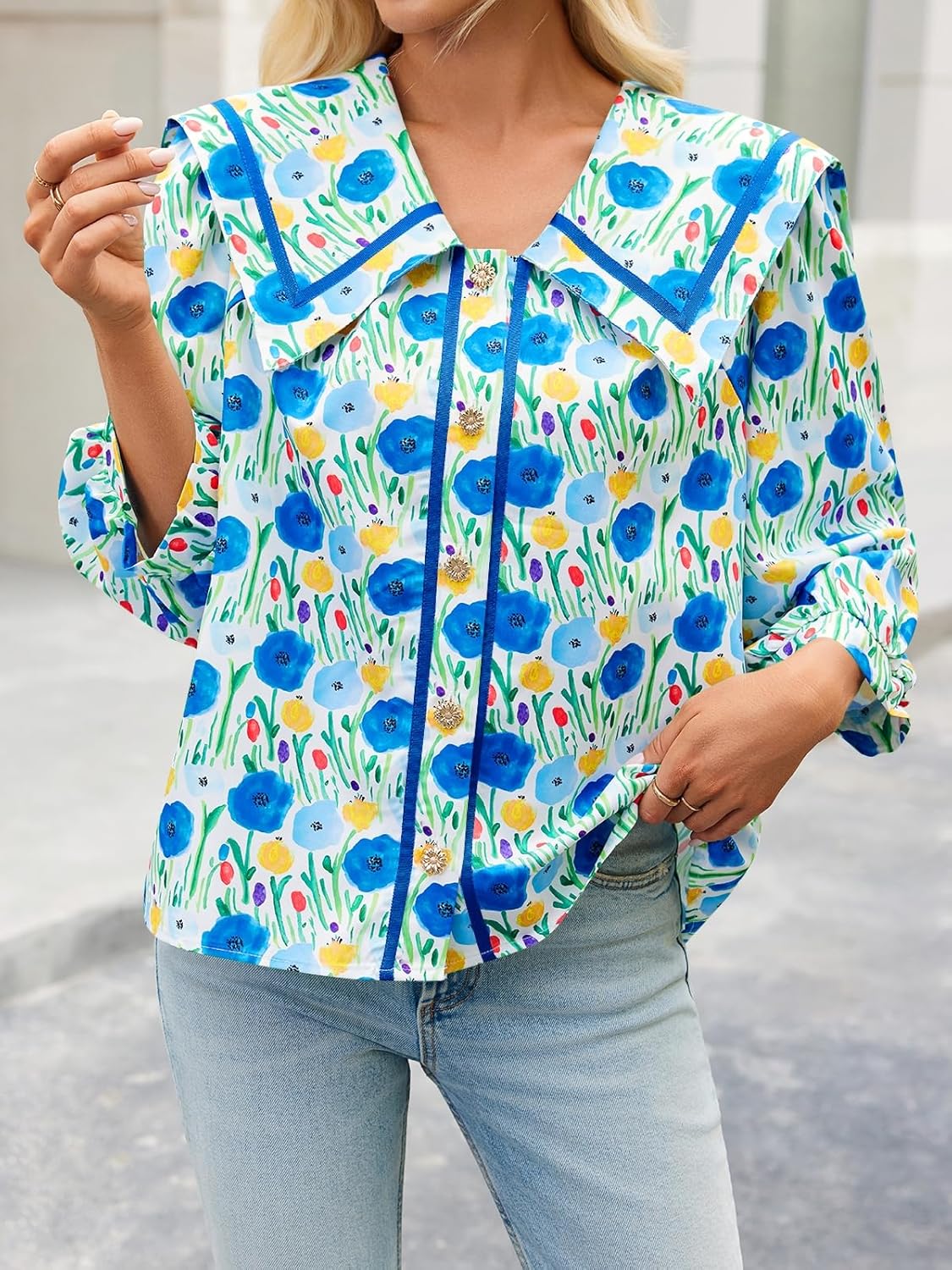 Cicy Bell Womens Floral Button Down Shirts Trendy Casual 3/4 Lantern Sleeve Blouse Square Neck Collared Tops - Image 3