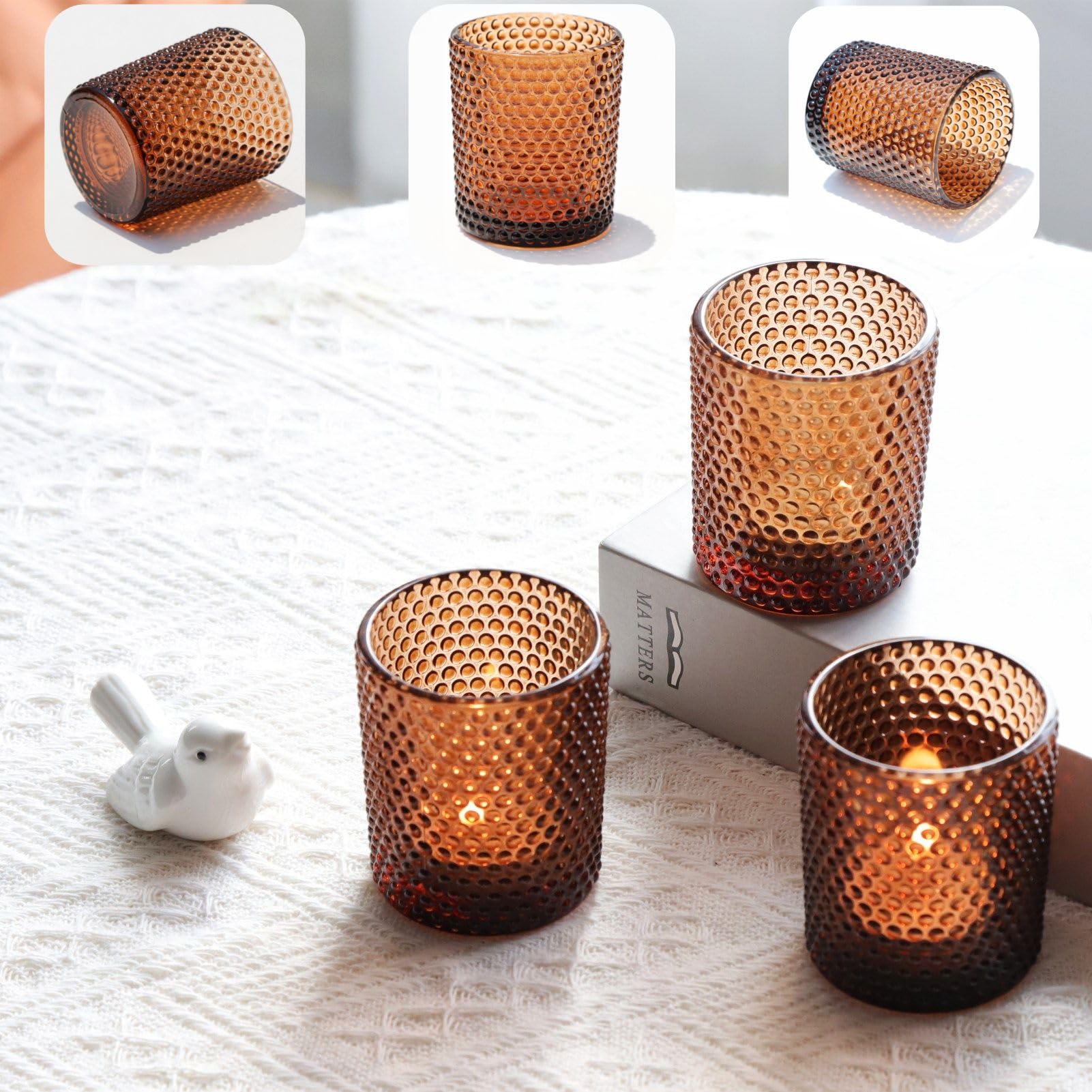 12 portavelas de cristal de burbujas, portavelas de té marrón para