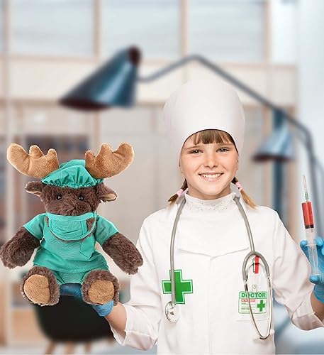 Miniatura 5 de DolliBu Juguete de peluche de alce de doctor  Supersuave disfraz de doctor alce con bonito uniforme médico y traje de gorra, regalo de peluche