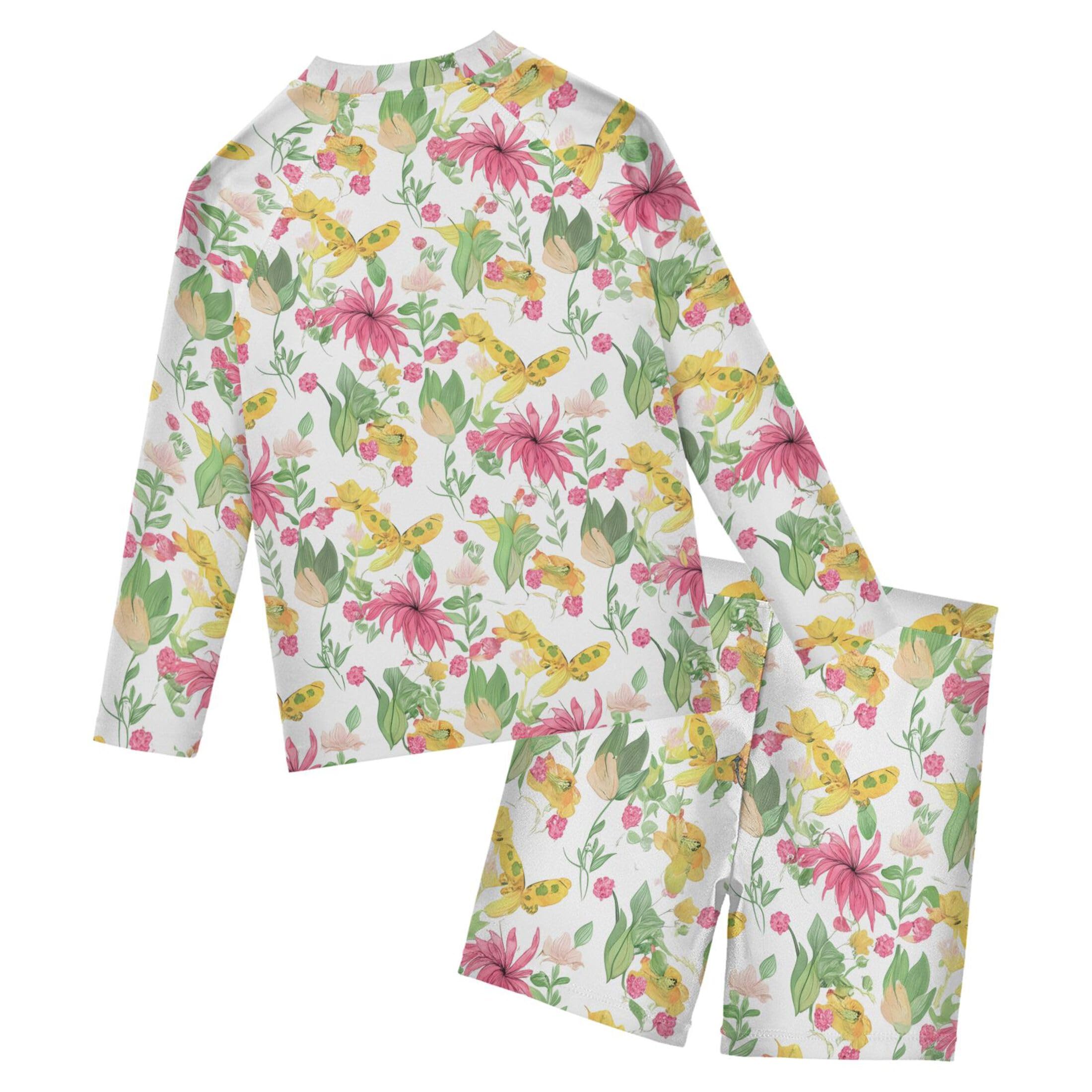 Butterfly Flowers Boys Rash Guard Swimsuits Set for Boys Long Sleeve Swim Shirts Bathing Suits with Trunks B0403964