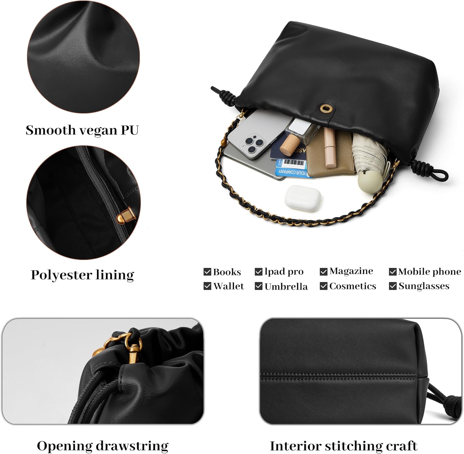 Bucket Hobo Purse for Women. Designer Drawstring Shoulder Bag with Top Chain Tote Handle and Long Crossbody Strap - Image 4