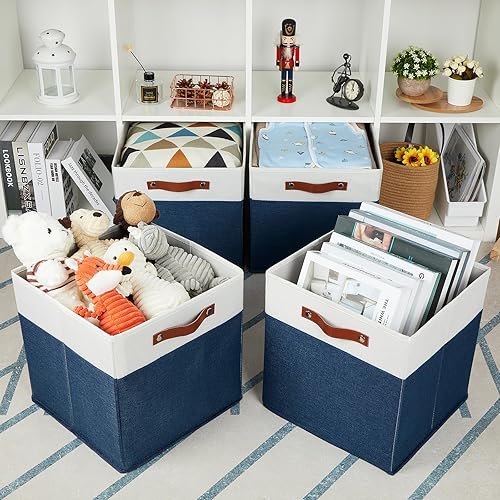 Vista 5 de HNZIGE Juego de 4 canastas de almacenamiento de tela, 12 x 12 pulgadas, juego de 4, canastas decorativas para organizar con asas, cubos cuadrados