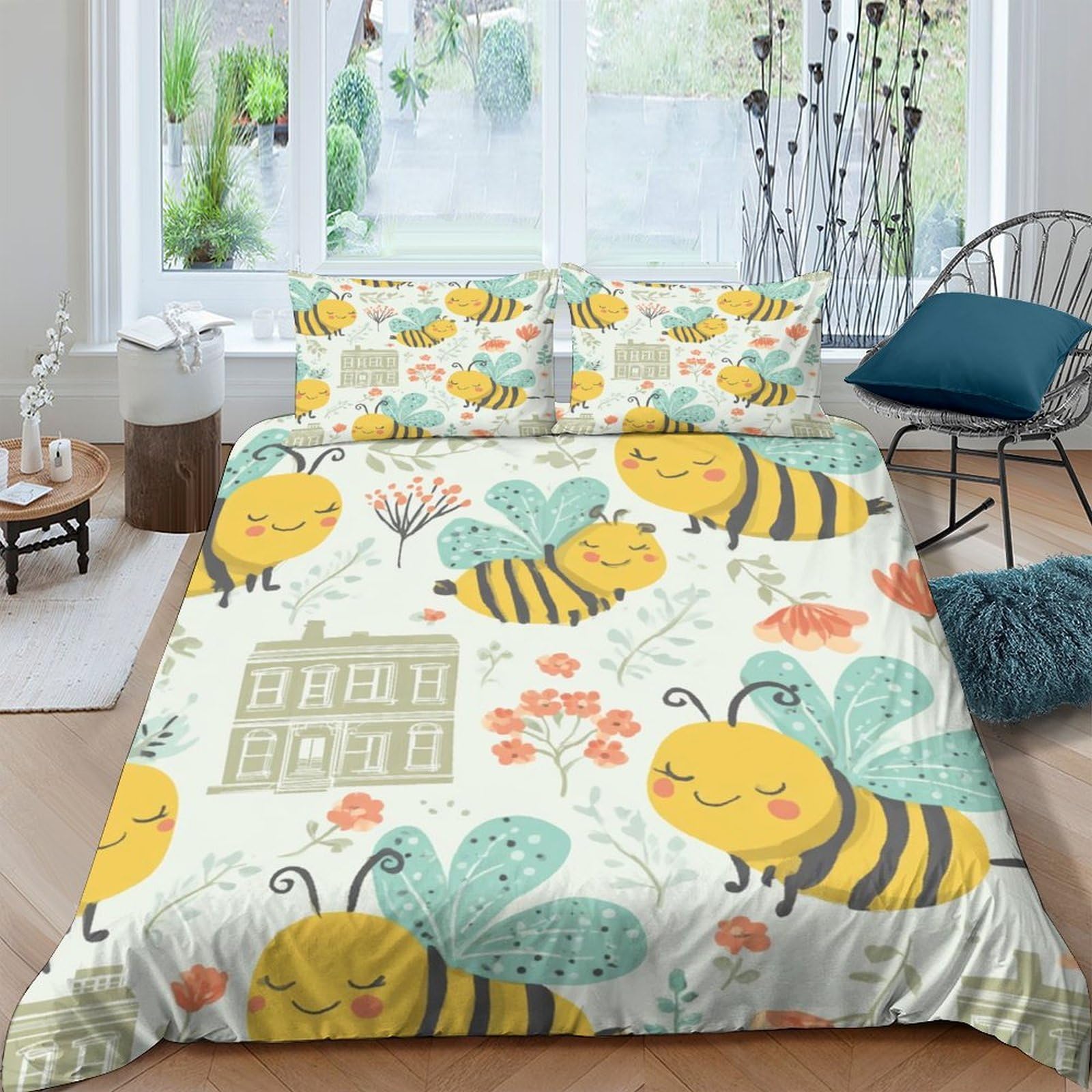 Ctjqhvkz Style-2 3D Printed Cute Bee Fitted Sheet Microfiber Soft Mattress Cover Yellow Floral Cartoon For Bedroom Dorm Decor Single（135X200cm）