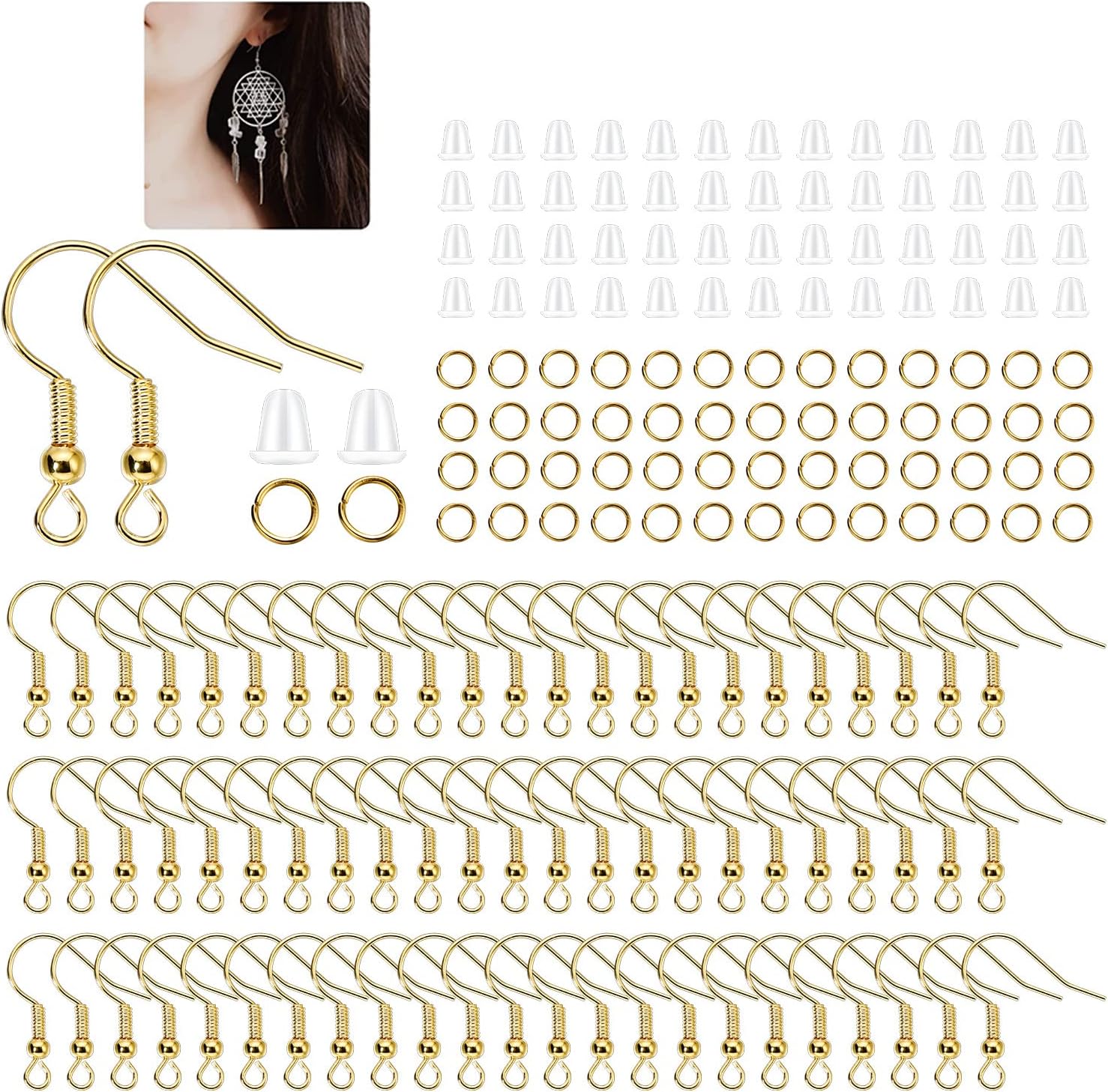 600Pcs Hypoallergenic Earring Hooks, Gold Earring Making Kit, with Earring Backs and Jump Rings for Jewelry Making (Gold)