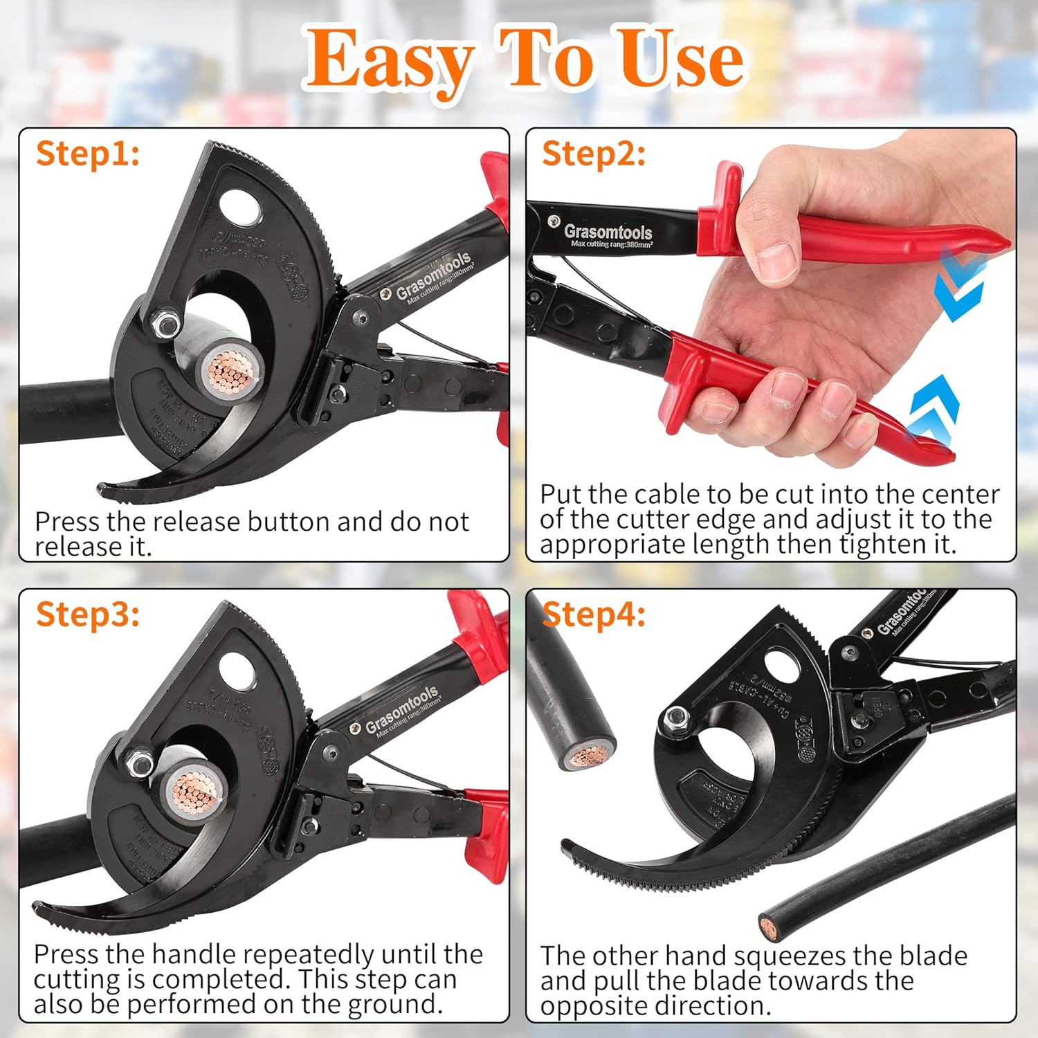 Ratchet cutters, Grasomtools HS520A Heavy Duty Wire Cutter for Aluminum Copper Cable up to 400mm², ratchet cable cutters, armoured cable cutter
