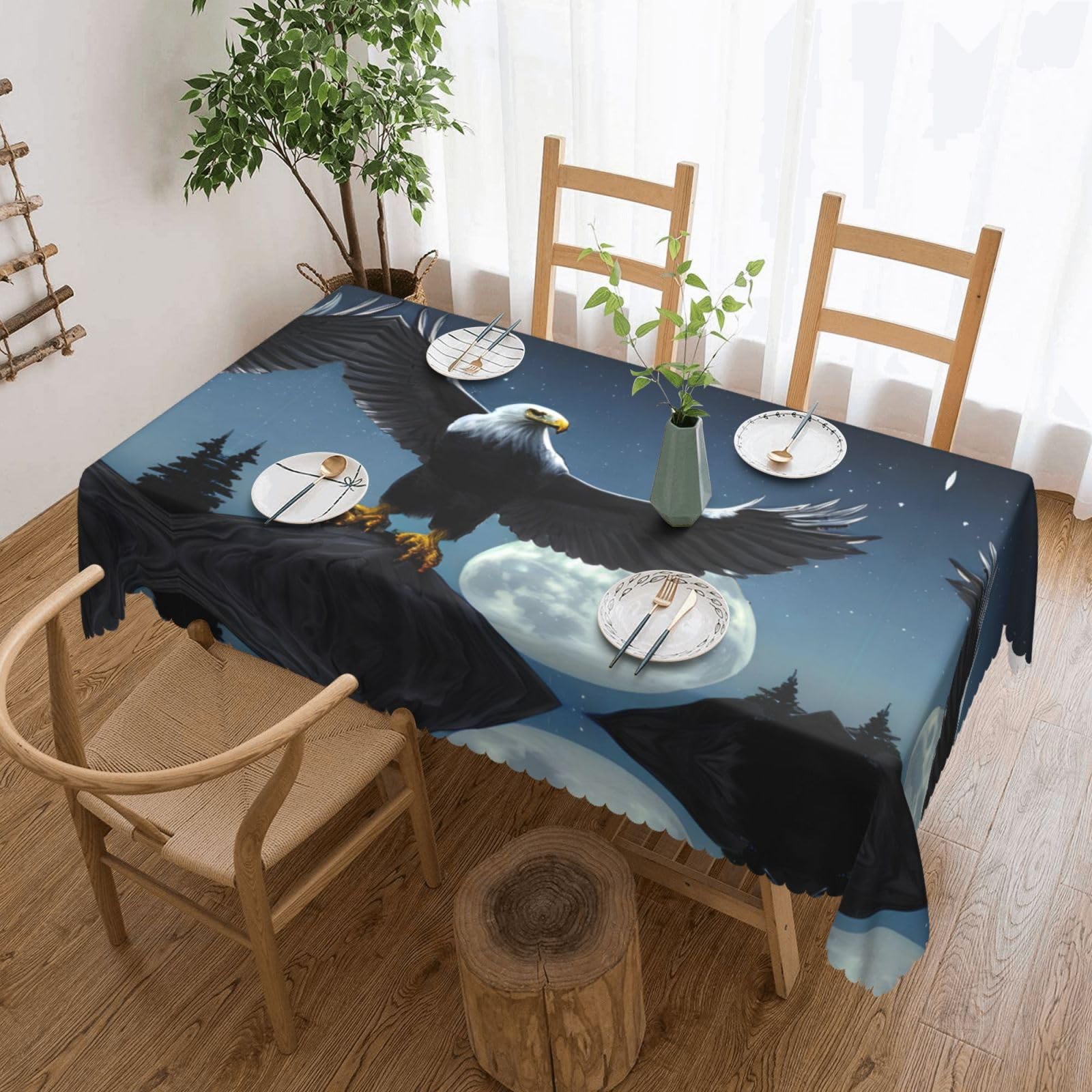 CNTDBU Eagle under the stars Scalloped Edge Tablecloth 54x72-Waterproof Stain Resistant Wrinkle Free Cover, Square Table Cloth for Dining Party