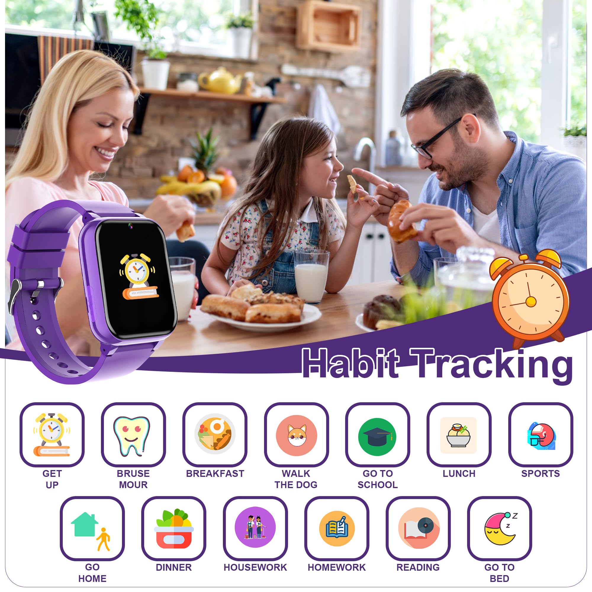 Moikmlih Smartwatch Bambini con Chiamate, 26 Giochi, Orologio Telefon per Ragazzi di 4-12 Anni, Telecamera, Musica, Modalità Scolastica, Smartwatch Giocattolo Grande Regalo per Bambina (Viola)