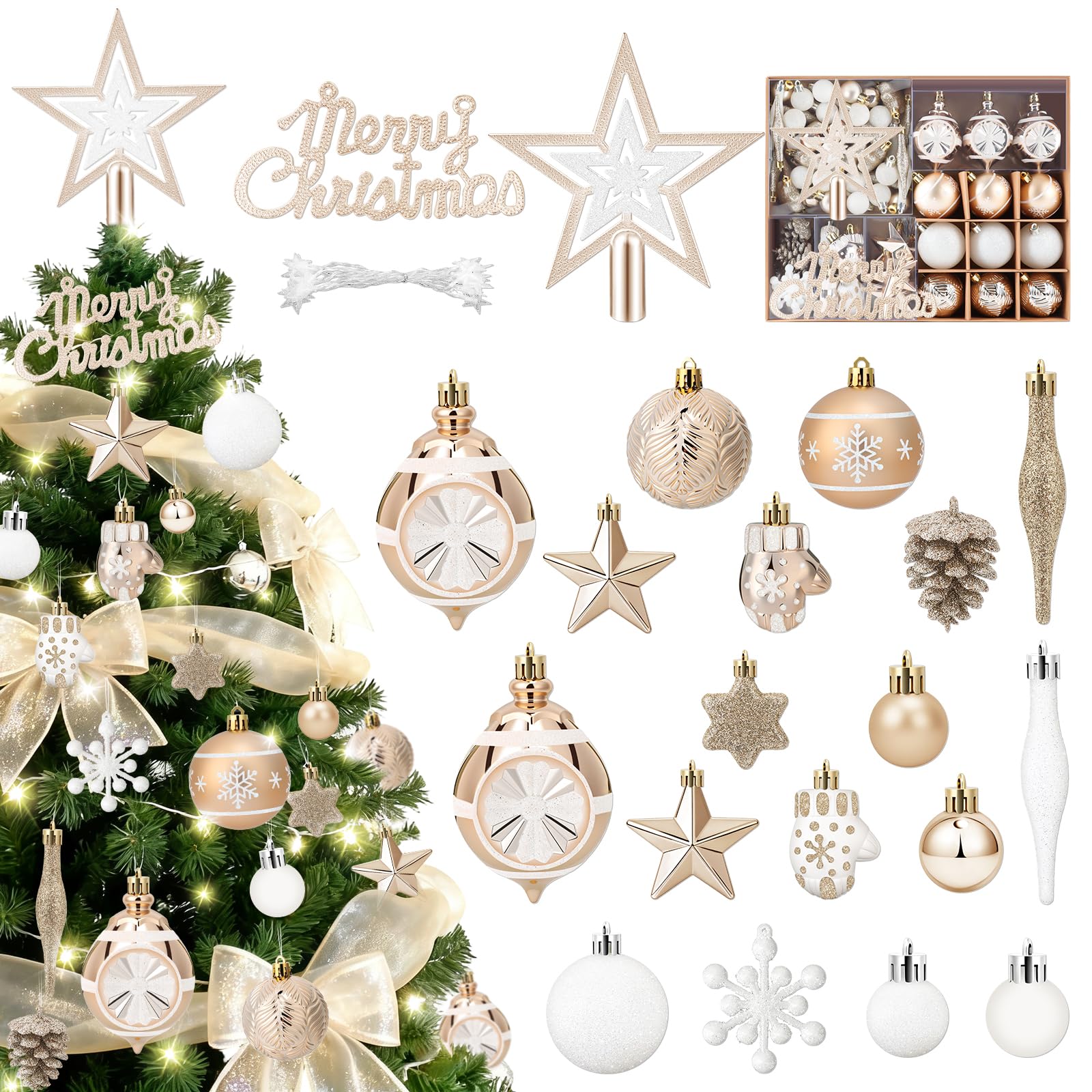 Lot De 70 Boules De Noël Avec LED - Boules Incassables En Plastique Pour Décorer Sapin, Intérieur Et Extérieur (Champagne)