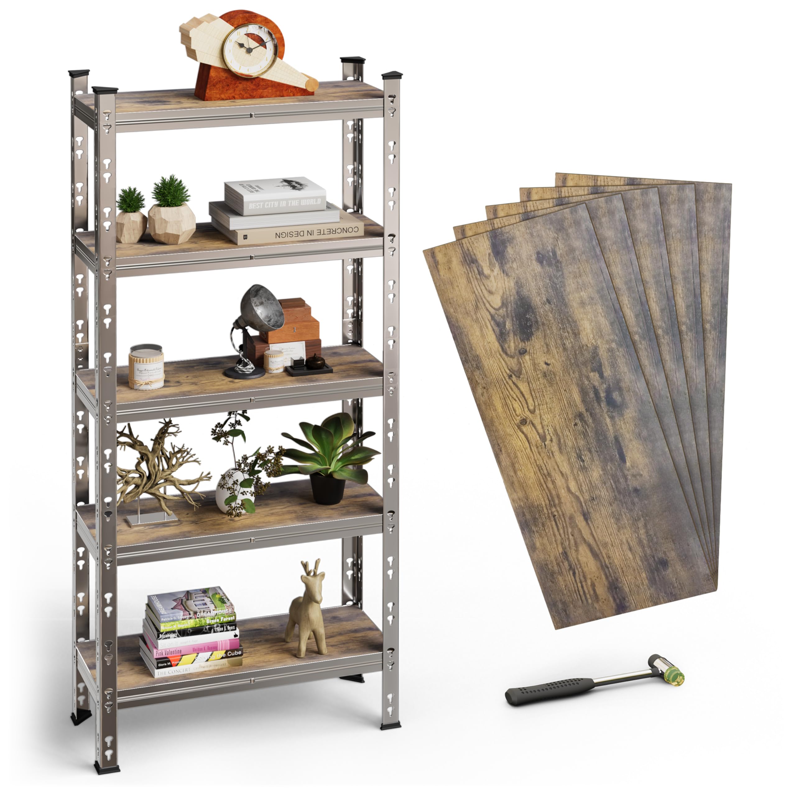 BUILDSKILL 5-Tier Multipurpose Storage Rack | Bolt-Free Assembly | Galvanized Metal | Thick MDF Board | 175kg Capacity Per Shelf | 170x70x30cm Adjustable Shelf Rack for Home, Garage & Shop | Silver