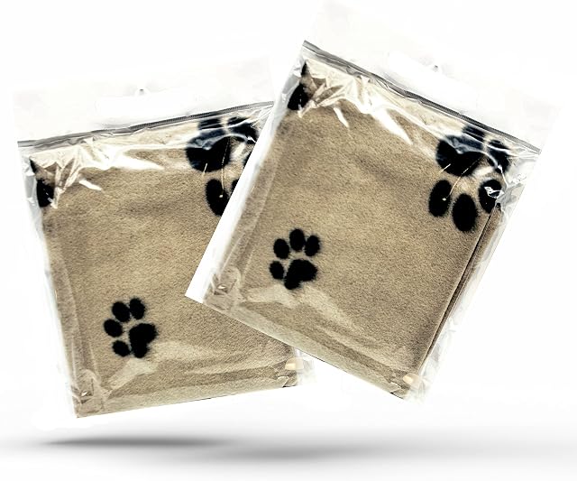 2 X Dog Blankets Washable With Paw Prints Dog Blanket | Cat Blanket | Soft Warm Dog Fleece Animals Pet Blanket Puppy Blanket Bed Travel Pack (Beige, 70cm X 73cm (Pack of 2))