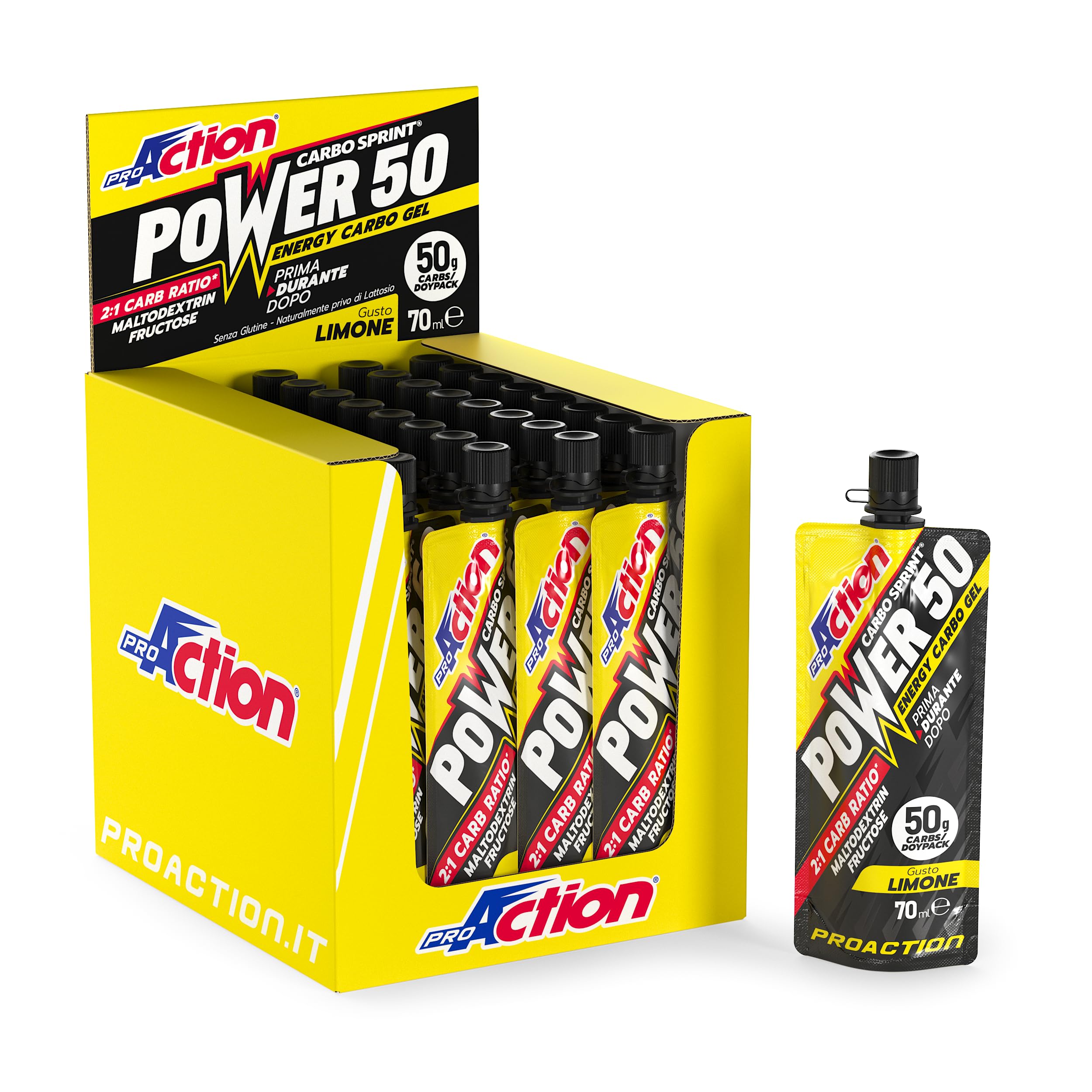 ProAction Carbo Sprint Power 50 Carbo Gel 50g | Gel Carboidrati 2:1 con Maltodestrine e Ciclodestrine Altamente Ramificate per Ciclismo Endurance | 70 ml per Stick | Box da 32 pz