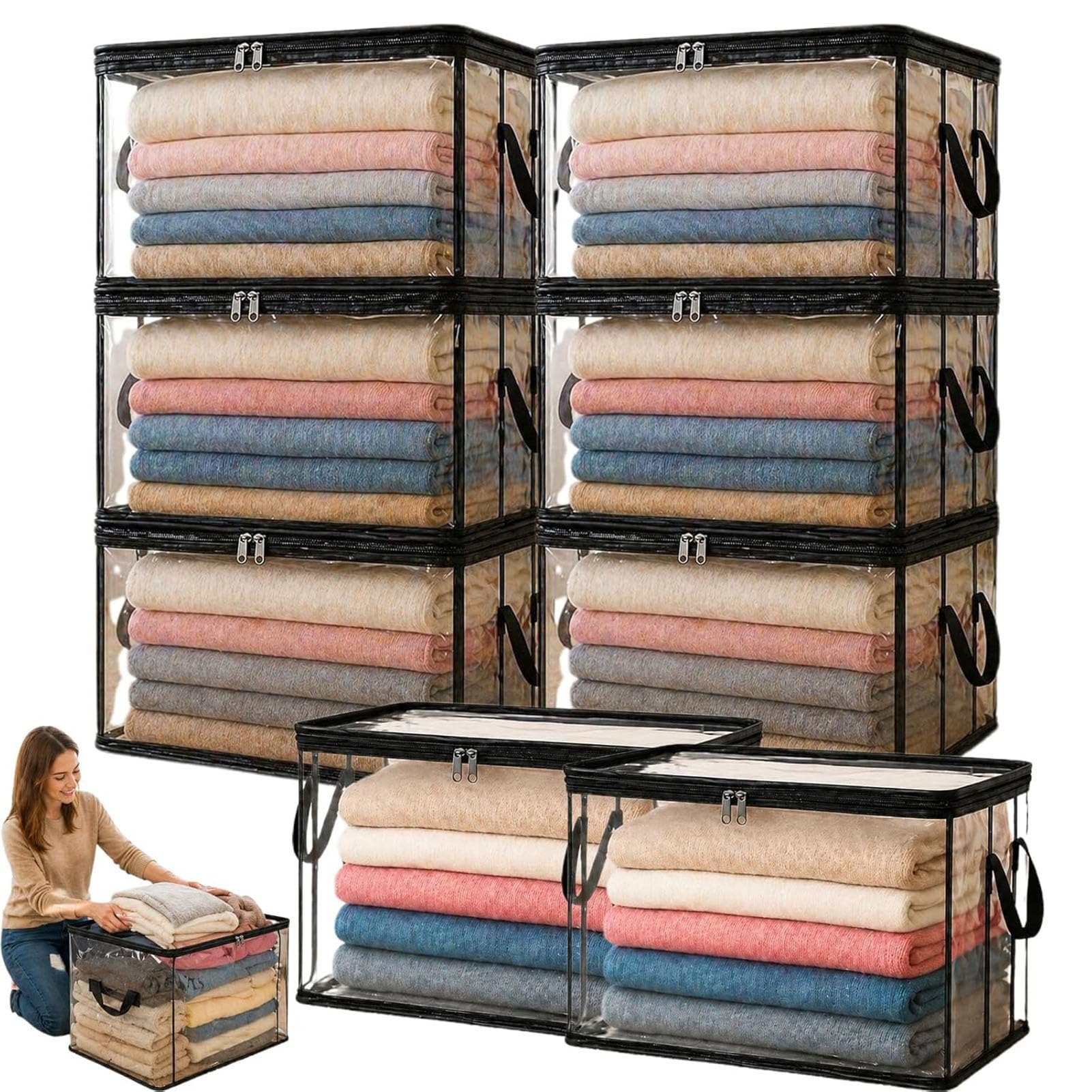 ZhuiFengAA Large Heavy-Duty Thick Plastic Clear Storage Bag for Clothes, Moving & Storages, Stackable Foldable Bins Totes Bags for College Dorm Packing Home Organization(8PCS)