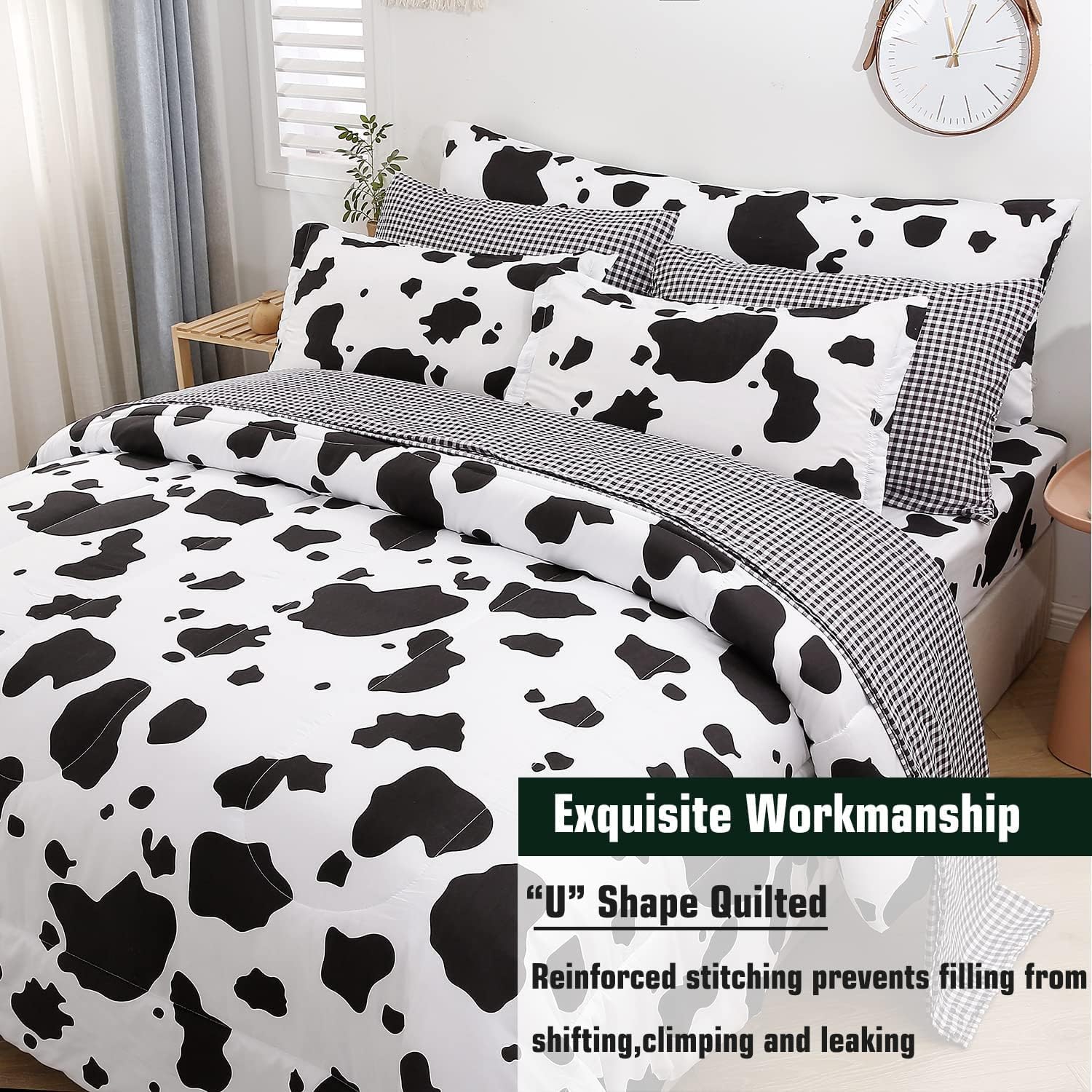 SUCSES Cow Print Full Size Comforter Sets, 8 Pieces Bed in A Bag Comforter Set with Sheets, Black and White Bedding Set for Kids Teens Boys Girls, Animal Print Cute Kid Full Size Bedding - Image 3