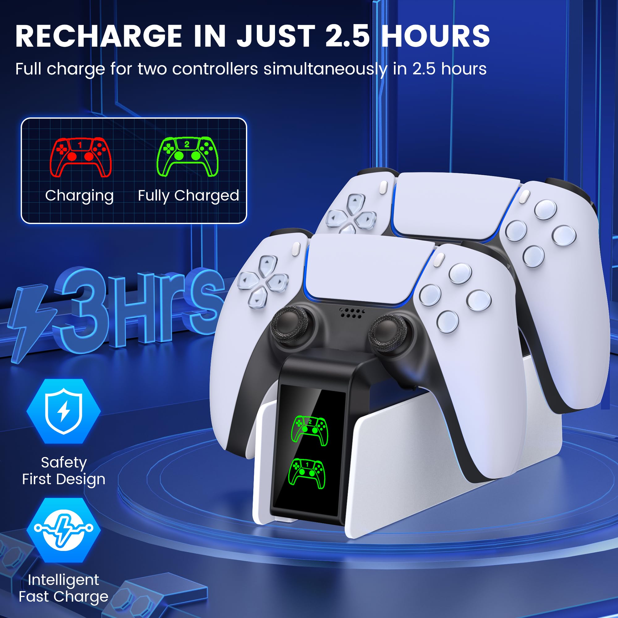 PS5, stazione di ricarica per controller PS5, set di accessori per Dualsense Wireless/Edge, stazione di ricarica per controller PlayStation 5 con ricarica rapida 2 ore, luce RGB fredda