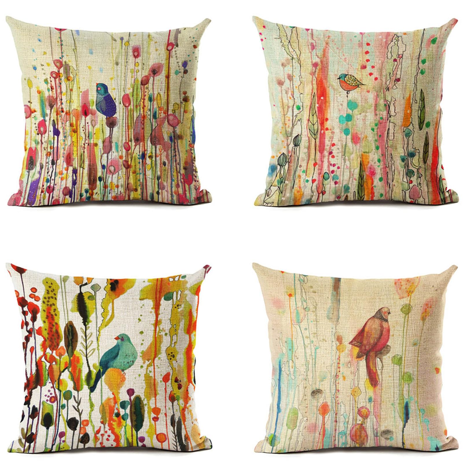Housse de coussin 60x60 lin lot de 4 fleurs et oiseaux taie d'oreiller pour canapé de salon