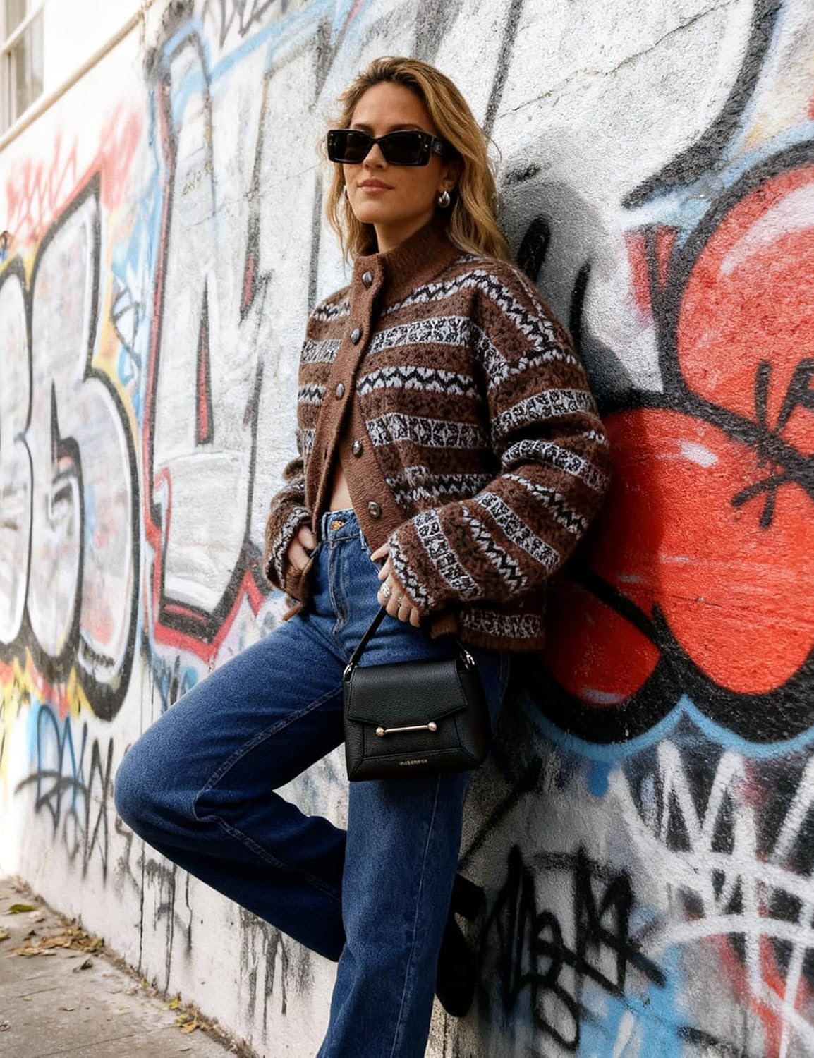 Arssm Womens Button Up Cardigan Sweater Crewneck Jacquard Knit Long Sleeve Color Block Cardigan Jackets - Image 6