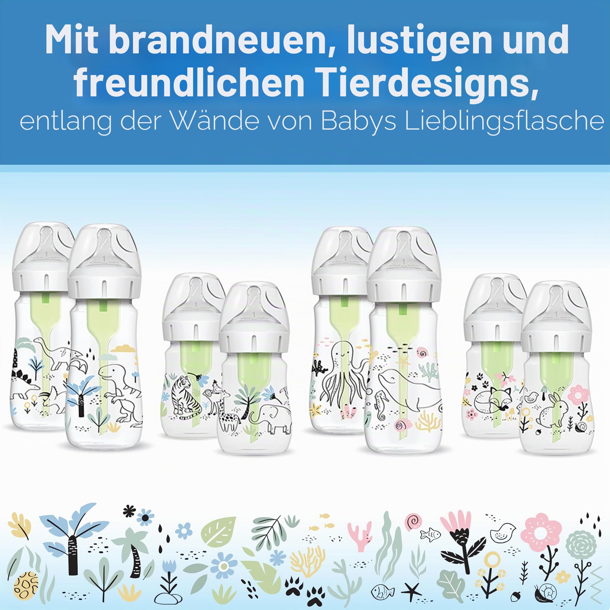 Dr. Brown's Natural Flow® Anti-Colic Options+™ Weithals-Babyflasche, Designer-Edition-Flaschen, Dino Decos, 270 ml, Level 1 Nippel, 2er-Pack, ab 0 Monaten