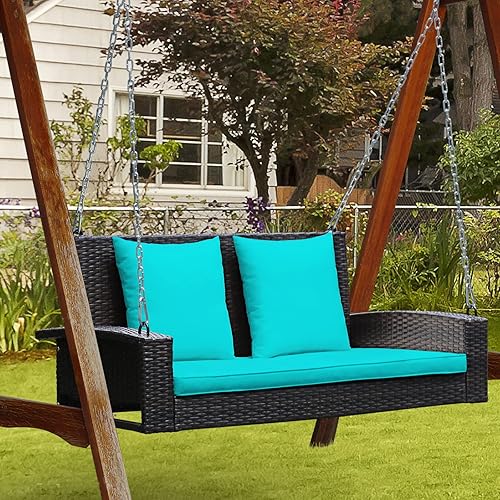 Miniatura 4 de RELAX4LIFE - Columpio de mimbre de 2 asientos, con dos cadenas de acero sólido de 7.9 pies, cómodos cojines de respaldo y asiento, para pórtico