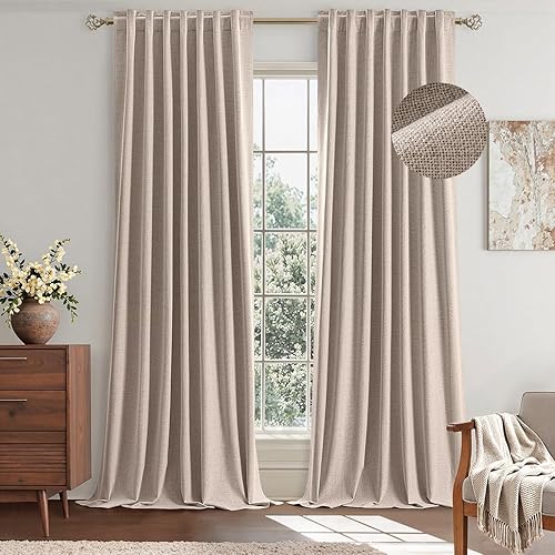 EMEMA Cortinas opacas de lino beige de 84 pulgadas de largo, 2 paneles para dormitorio, sala de estar, aislamiento térmico, cortinas de lino 100%