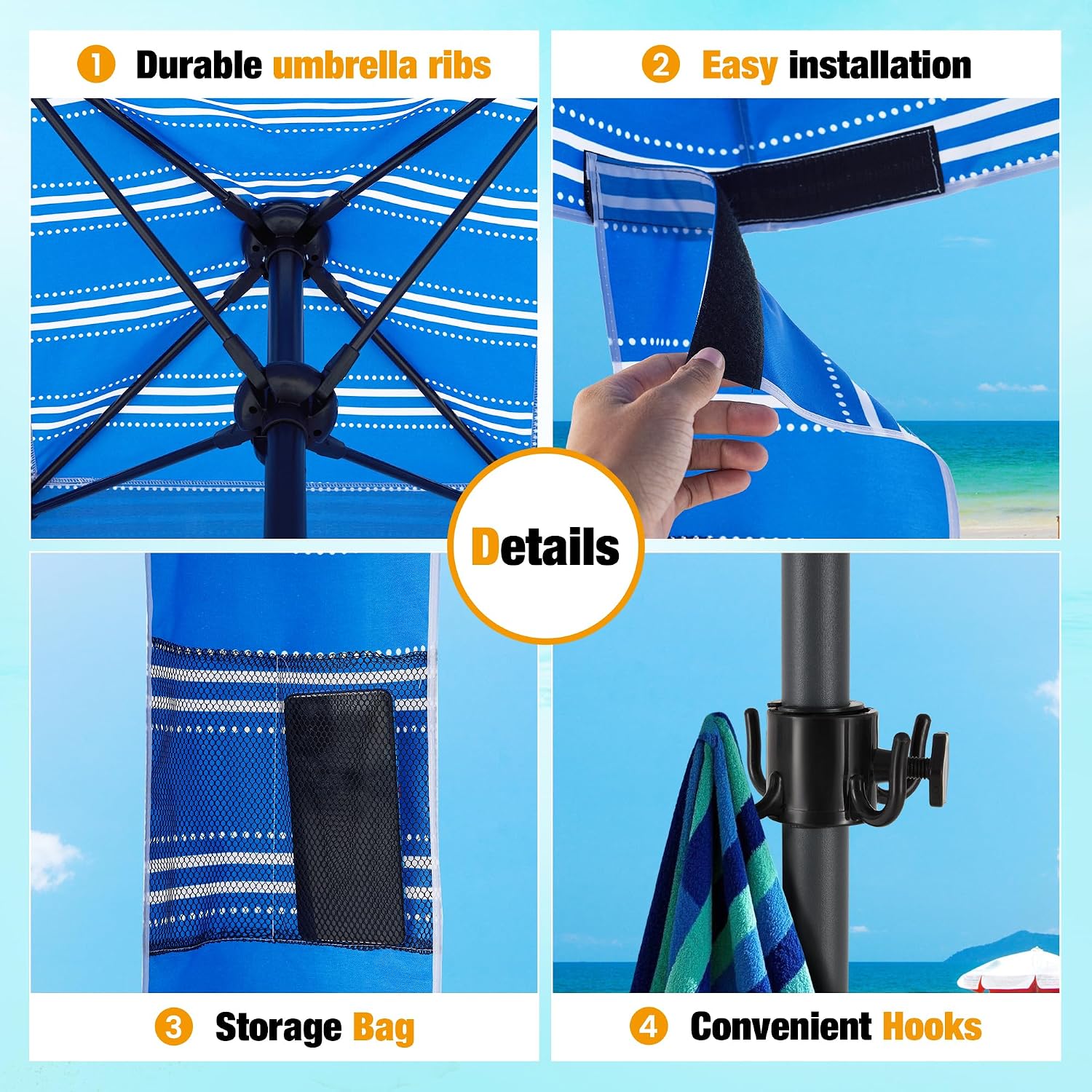 HOMEDEMO 6'×6' Beach Cabana, Beach Canopy Tent Easy Set up and Take Down with Sand Pockets, Big Sandy Anchor, Elongated Side Wall for Sand, Blue White
