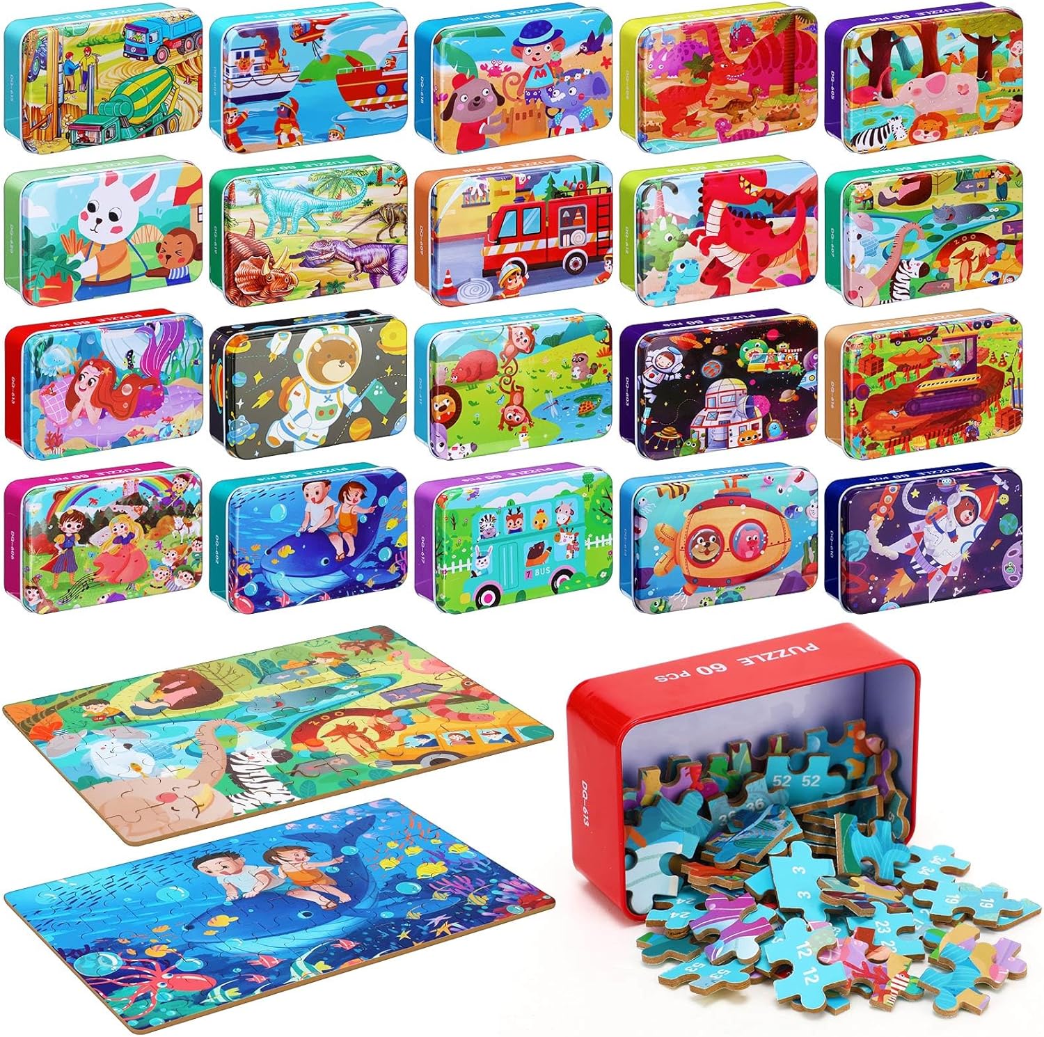 20 Boxes Party Favors Jigsaw Puzzles in a Metal Box for Age of 4-8, Wooden Puzzle for Ages 4-8 Boys and Girls Learning Educational Puzzles Toys, 20 Styles