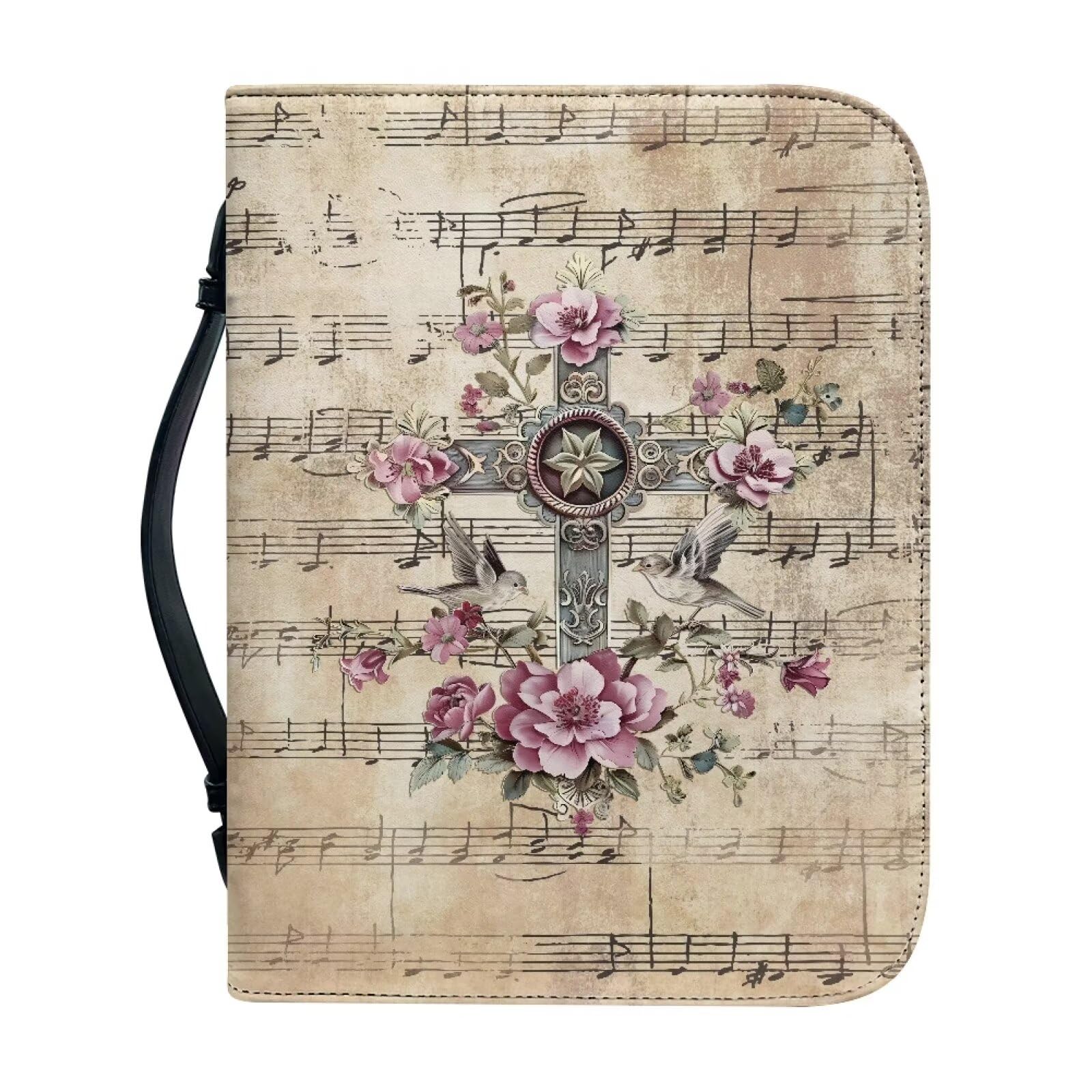 Talayituse Cross Hummingbird Flower Print Faux Leather Bible Cover for Men Women Boys Girls Music Note Christian Bible Case with Handle Carrying Book Case Protector Bible Tote Handbag Gifts, L โ image 1