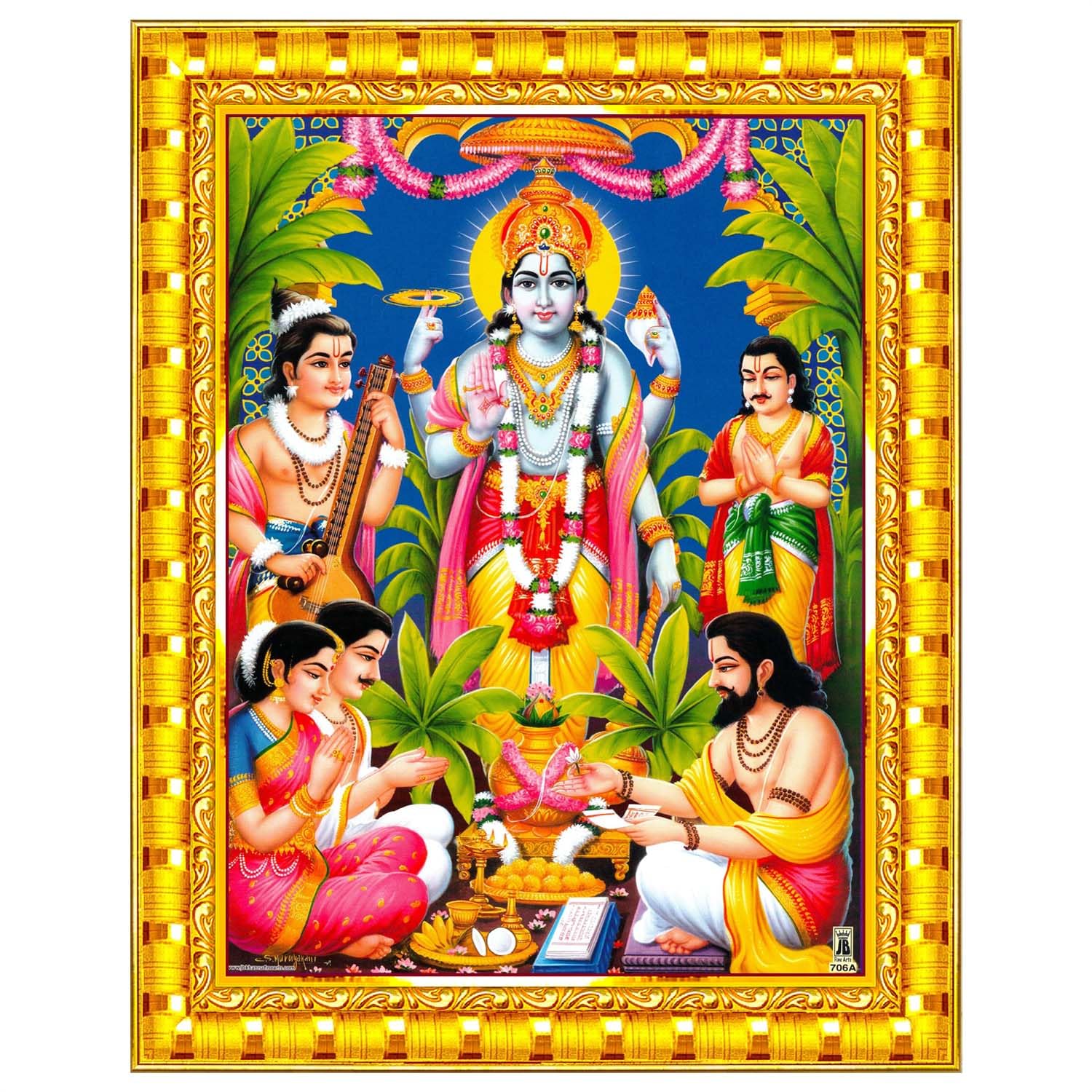 Lord Satyanarayana Swamy Bhagwan Satyanarayan Wall Painting Framed Home Decor (Wood,Matte,Gold,Big Size,10 x 12 Inch) R618M