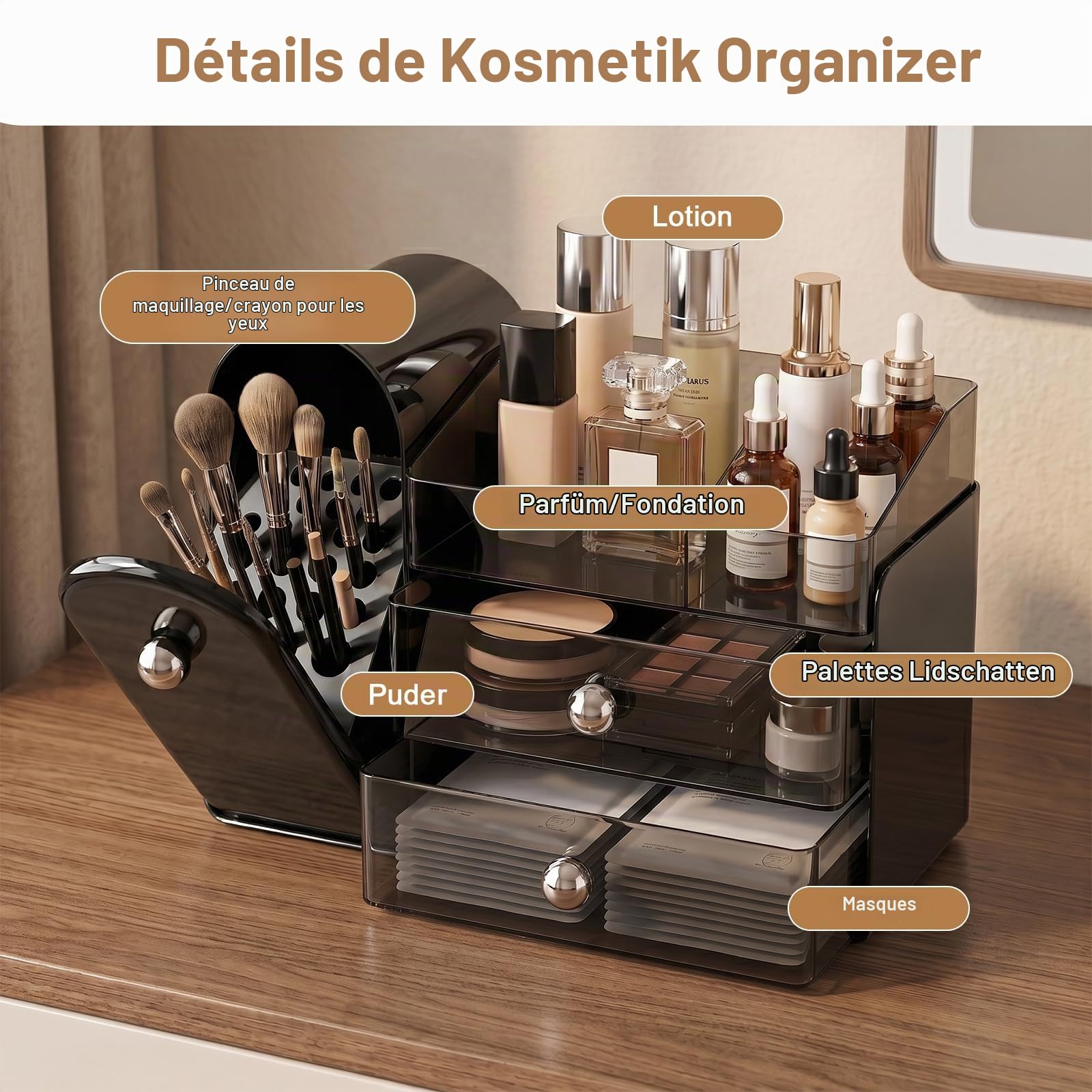 ERWEY Rangement Maquillage Organisateur avec Tiroirs, Organisateur Maquillage, Rangement de Pinceaux, Boîte de Rangement pour Commode, Coiffeuse, Salle de bain (Noir)