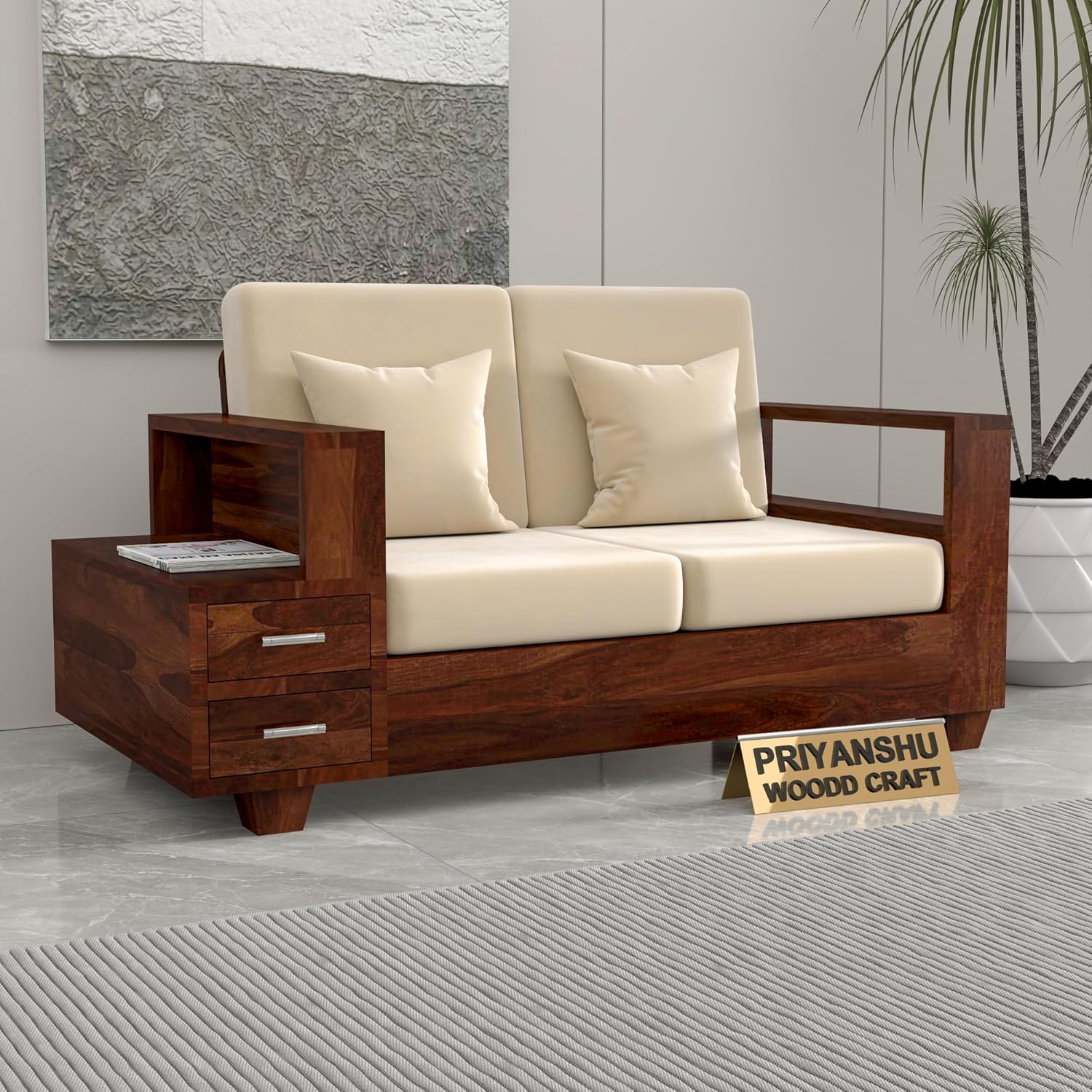 Sheesham Wooden 2 Seater Sofa for Living Room | Solid Wood Sofa with Side Box Storage & Cushion | Rosewood Sofa Set for Home & Office | Lounge (Walnut, 2 Seater) Sheesham Wooden 2 Seater Sofa for Living Room | Solid Wood Sofa with Side Box Storage & Cushion | Rosewood Sofa Set for Home & Office | Lounge (Walnut, 2 Seater)