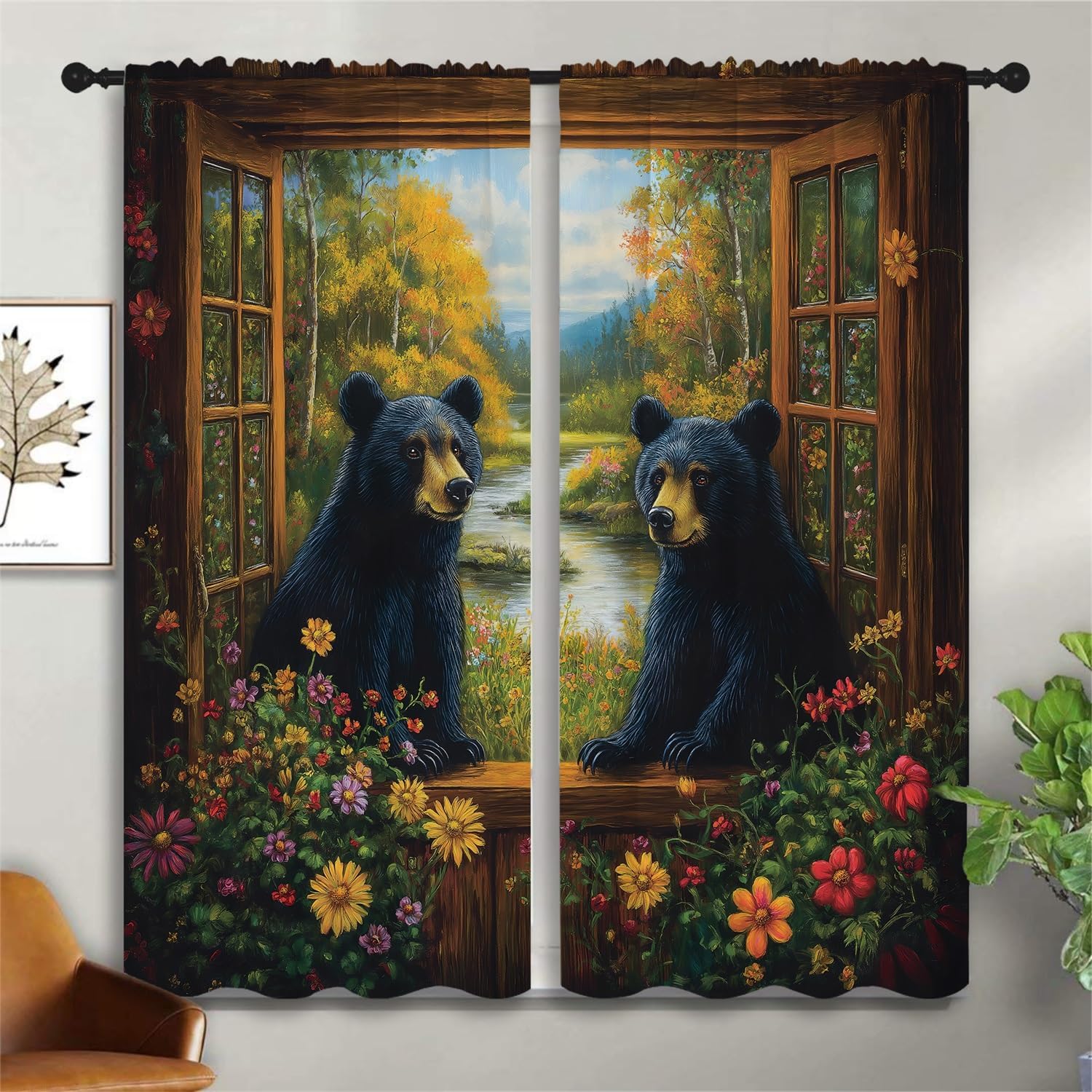 Black Bear Boy Girls Blackout Curtains,Cute Rustic Farm Wildlife Country Farmhouse Jungle Floral, 2 Panel Rod Pocket Thermal Insulated Drapes for Bedroom, Living, Kids Teen Room Deco 42x45 inch