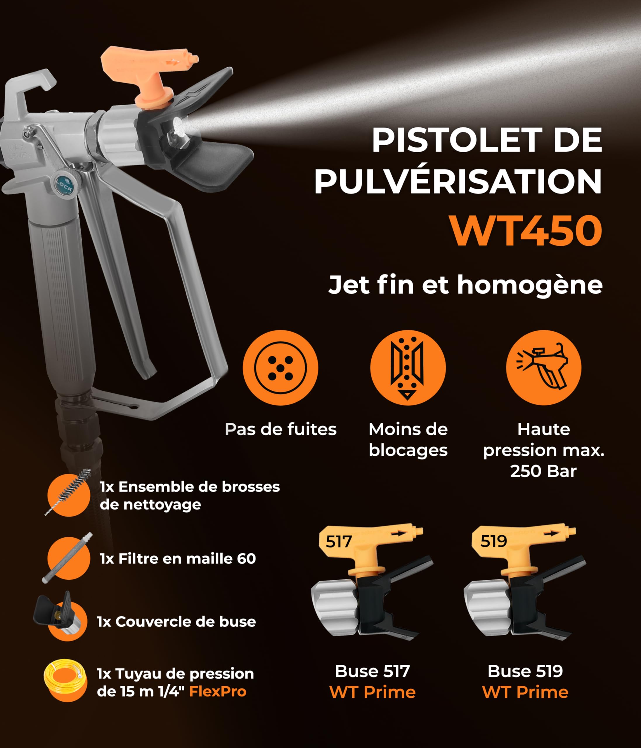 WT20i Airless Peinture 1100 W - 3045 PSI / 210 Bar Pulvérisateur de Peinture Airless - 2 L/Min Pulvérisateurs de Peinture - 30000 m²/an Pistolet a Peinture Electrique avec Tuyau de 15 m