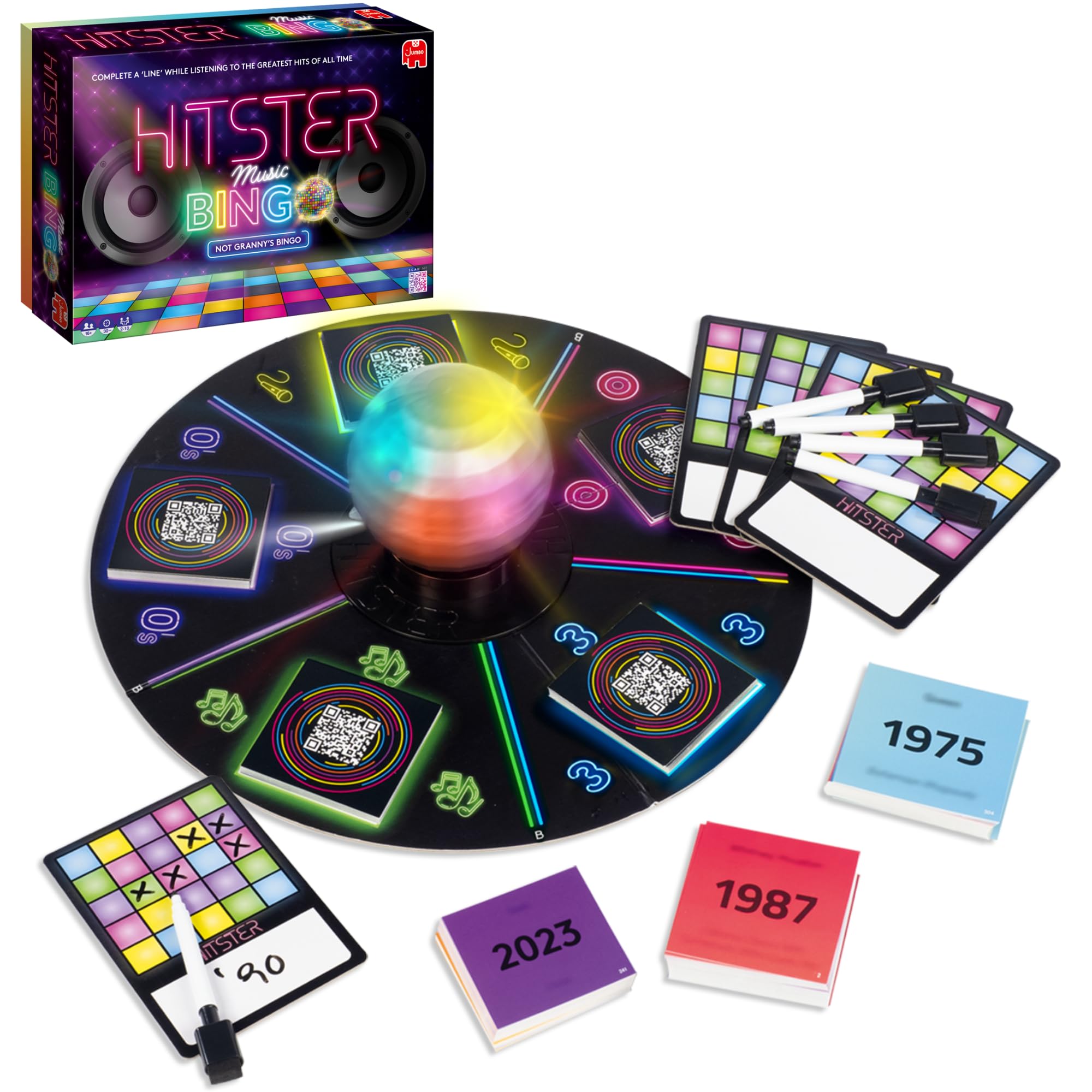 HitsterBingo - The Electronic Music Trivia Game for Adults - Fun Party Games, Music Quiz Games & Family Game Night Activity - Guess that Tune Music Bingo Game with Disco Ball & 225 Iconic Songs (UK)