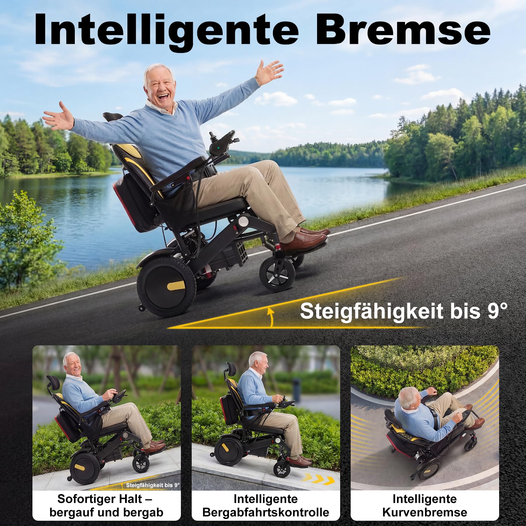 Elektrischer Rollstuhl 40 km Reichweite mit Liegefunktion | Faltbar, Extra-breiter Sitzbezug, Intelligente Fernbedienung, Intelligente Bremse, Ergonomisch