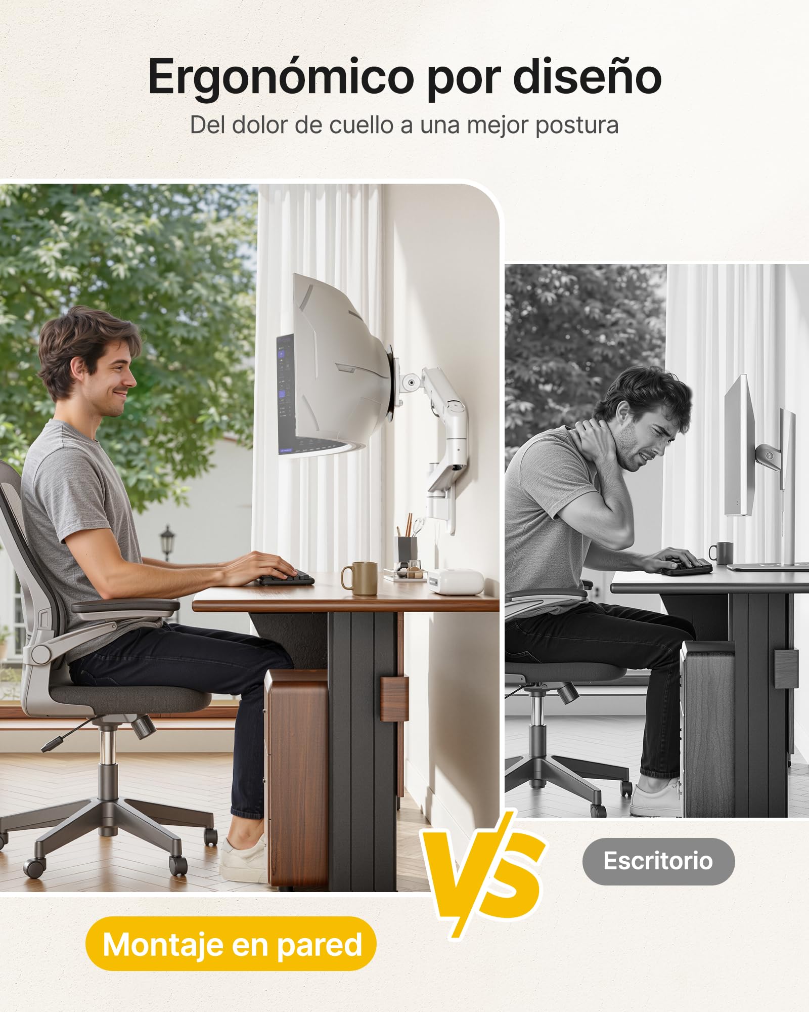 monTEK Soporte de Pared para Monitor de 17-57", hasta 27 kg | Brazo para monitor con resorte de gas, altura regulable y movimiento completo, compatible con VESA 75x75/100x100, blanco.