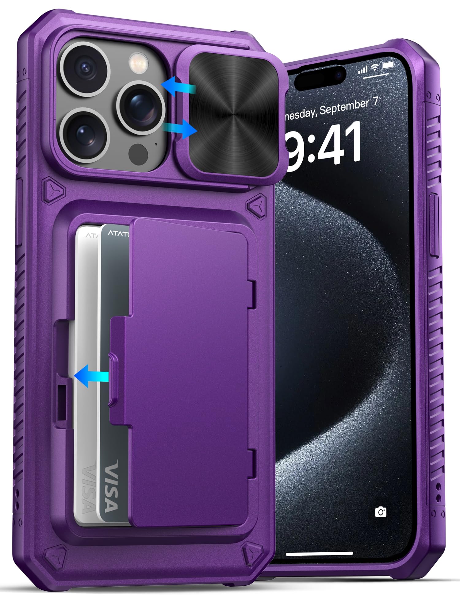 ATATOO for iPhone 15 Pro Max Case, Card Holder (3-5 Cards), Dark Purple