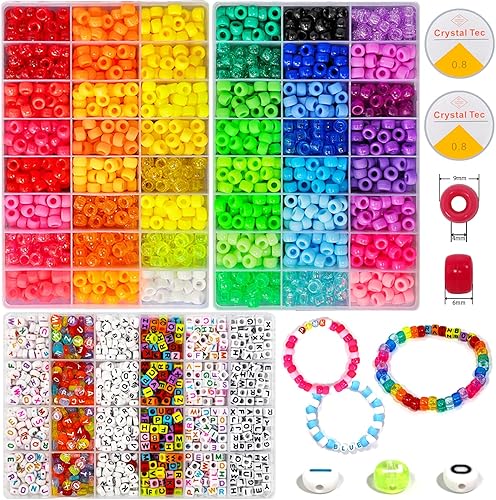 Gaspletu Kit de 4080 cuentas de pony para hacer pulseras, 48 colores, 2400 cuentas de arco iris Kandi con 6 estilos, 1680 cuentas de letras, kit de