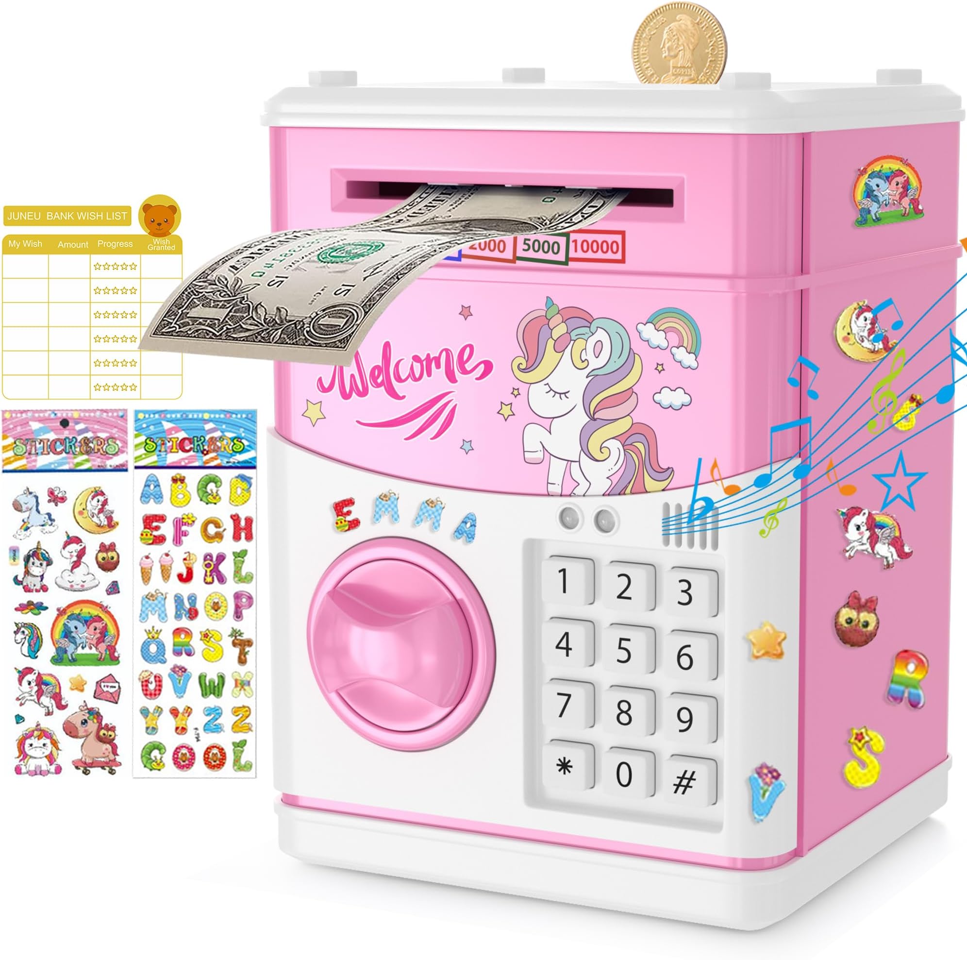 JUNEU Unicorn Piggy Bank for Kids, Gifts for 5 6 7 8 9 10 Year Old Girls, Kids Electronic Piggy Bank, Girls Birthday Gifts, Educational Toys for Girl Boys, Kid Money Saving Box, Mini ATM Coin Bank