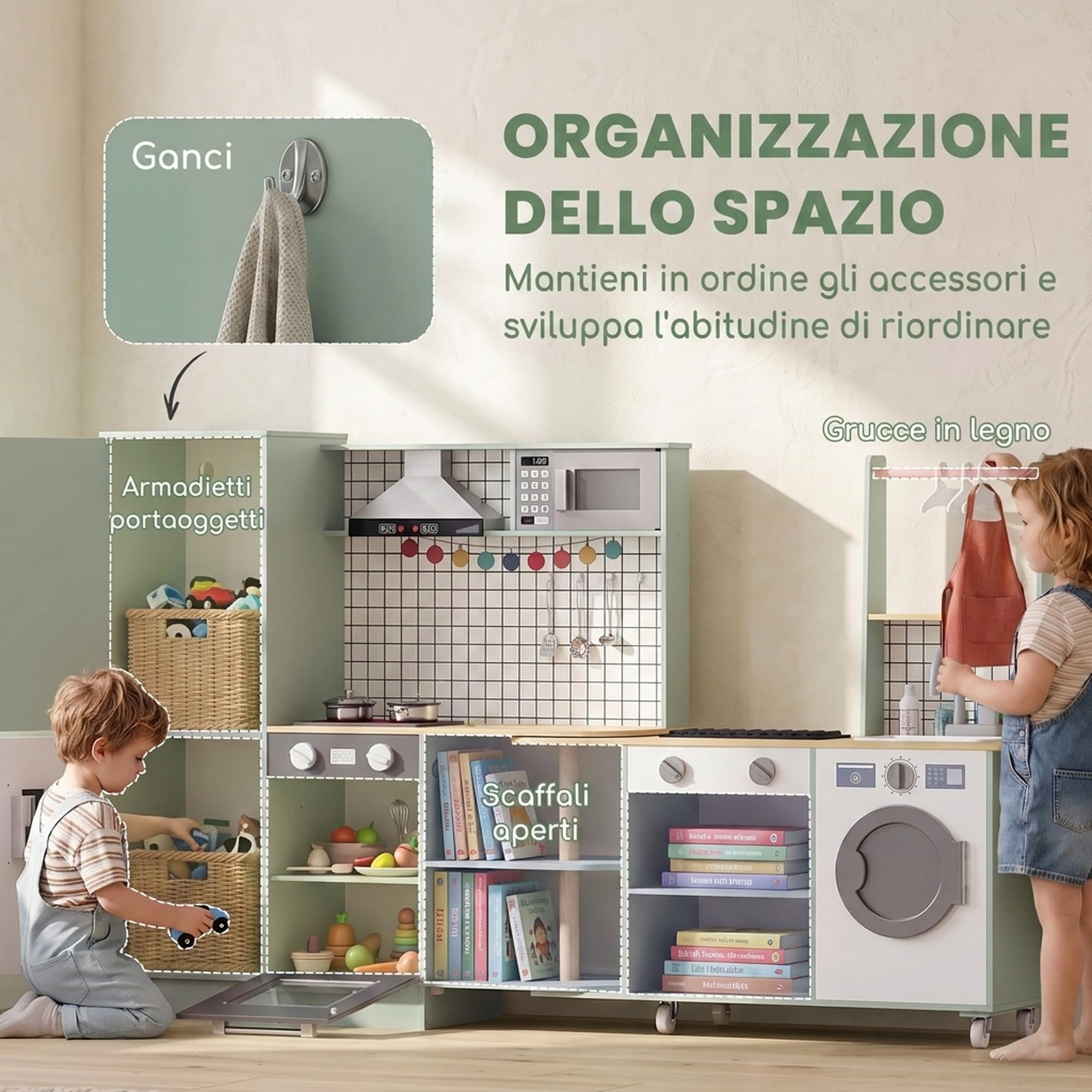 AIYAPLAY Cucina Giocattolo per Bambini Girevole 360° Verde Chiaro