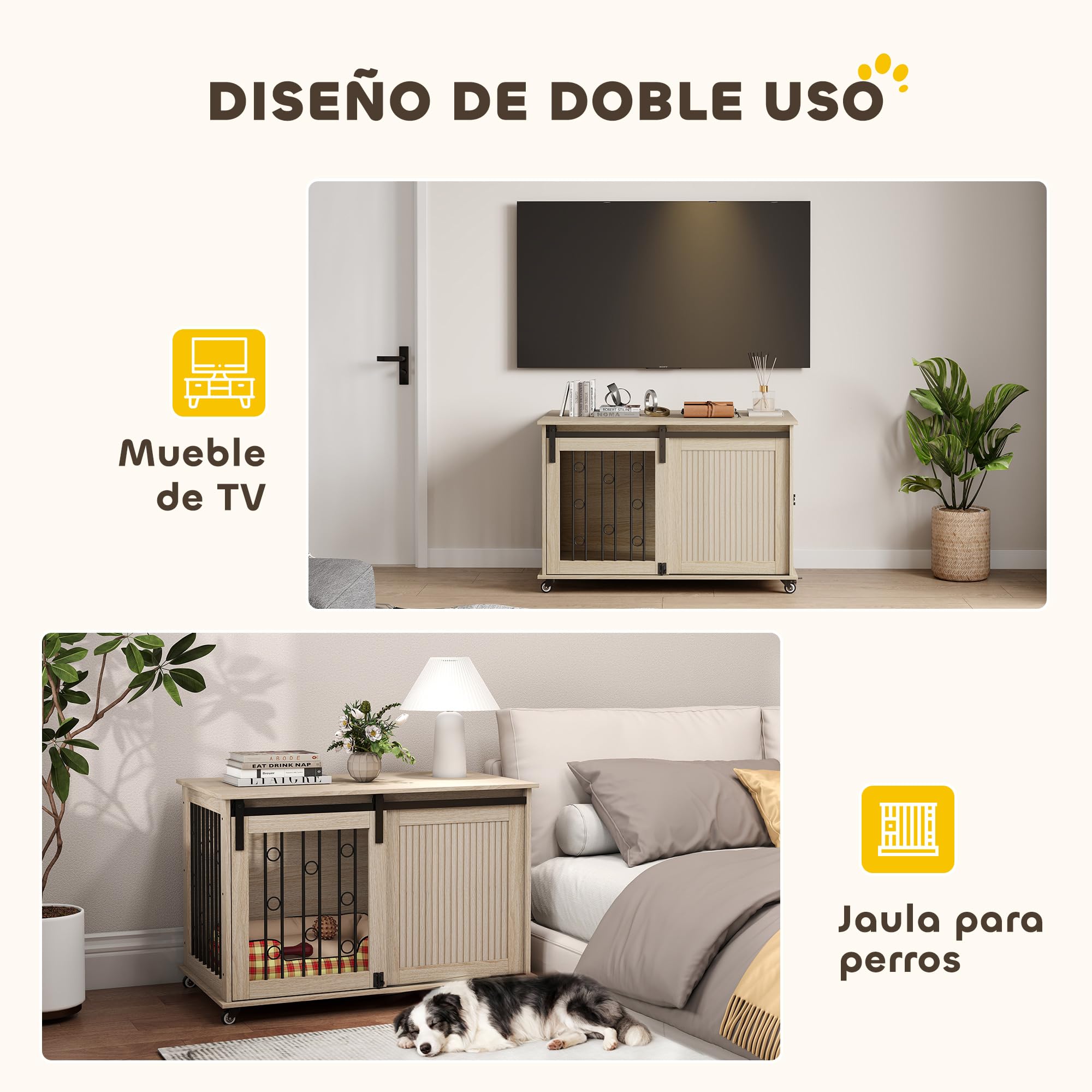 PawHut Jaula para Perros con Ruedas, Mesa Auxiliar, Casa para Mascotas Moderna con 2 Puertas y Cierre, para Perros Medianos y Grandes, 100x56x65 cm, Roble