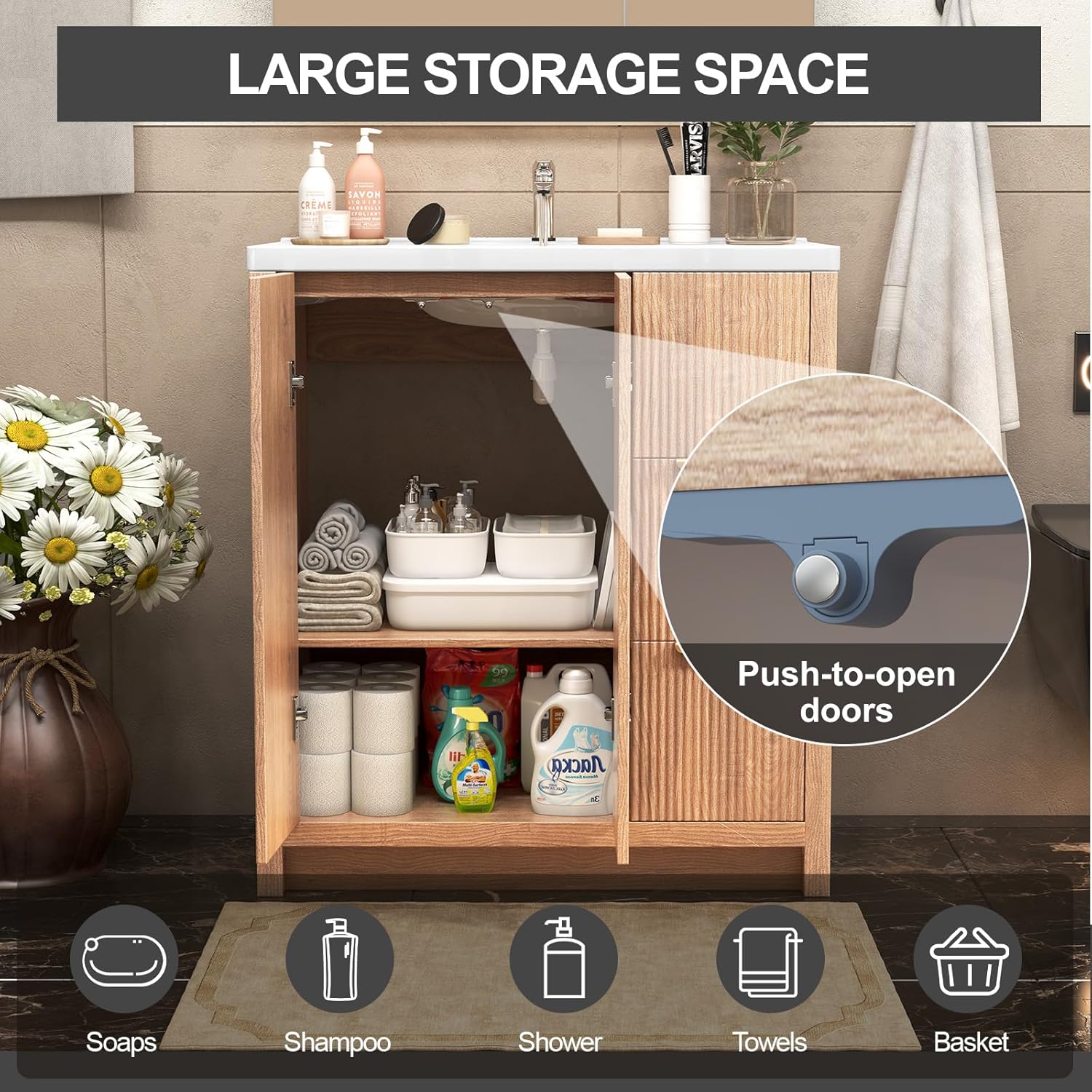 31.5'' Bathroom Vanity with Ceramic Single Sink Combo, Small Freestanding Bathroom Storage Vanity Cabinet with Drawer & Cabinet, Metal Handle, Natural Wood Color