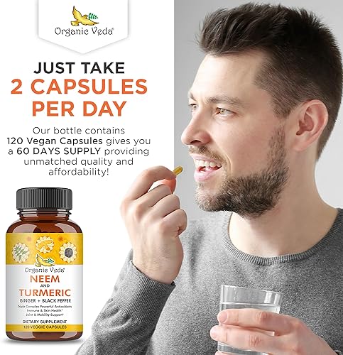 Miniatura 8 de Organic Veda Cápsulas de neem y cúrcuma, hoja de neem orgánica, suplemento de cúrcuma y jengibre con pimienta negra para inmunidad, apoyo a la salud