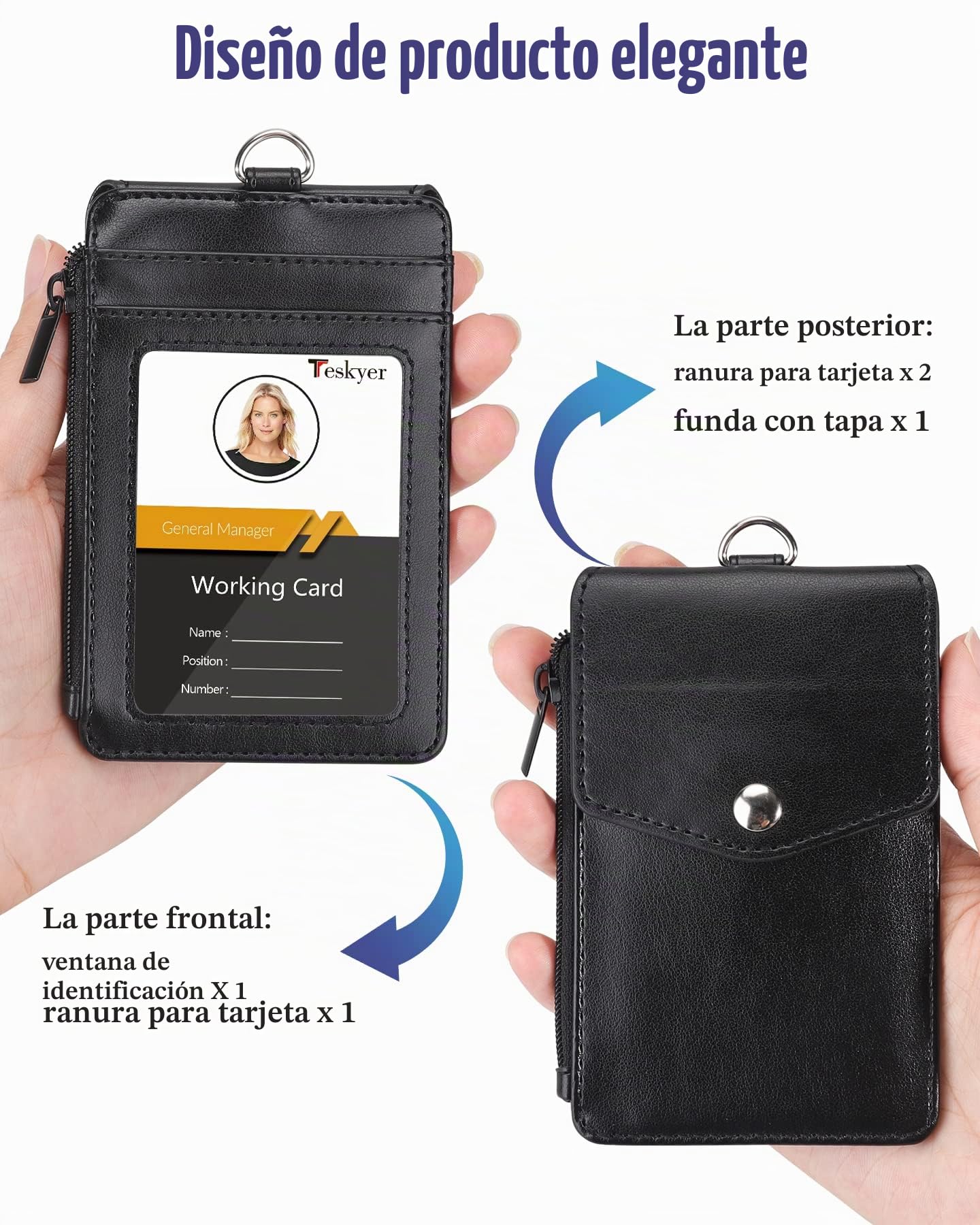 Teskyer Porta Tarjetas Identificativas, Cuero PU, con Bolsillo de Cremallera, Cordón de Nylon, 3 Ranuras para Tarjetas, para la Oficina, la Escuela, Las Tarjetas de crédito, Negro