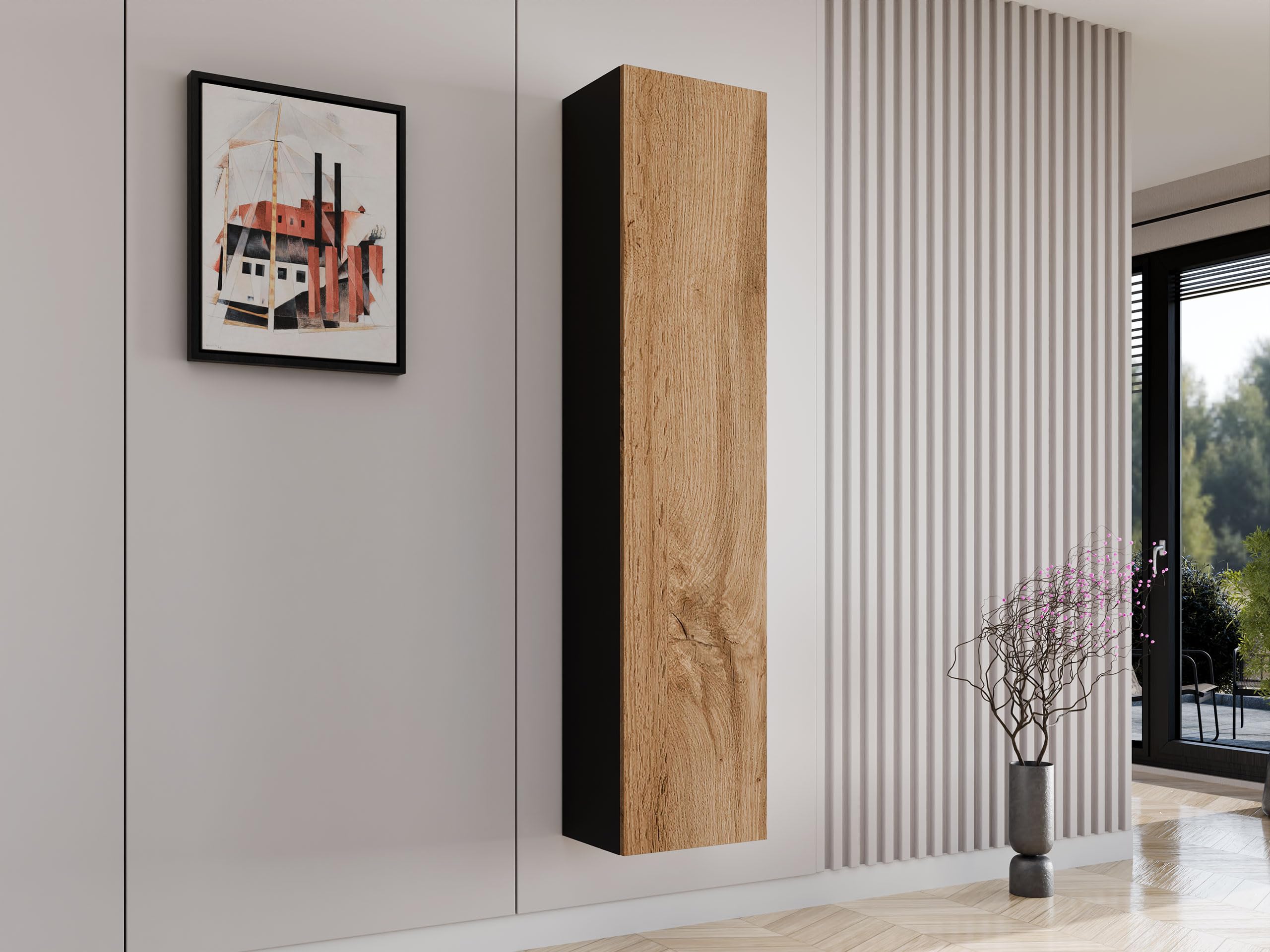 Mirjan24 Hängevitrine Vigo 180, Vitrinenschrank, Griffloses Öffnen, Stauraumvitrine Hochschrank, Wohnzimmer Highboard, Schrank, Vitrine (Schwarz/Eiche Wotan)