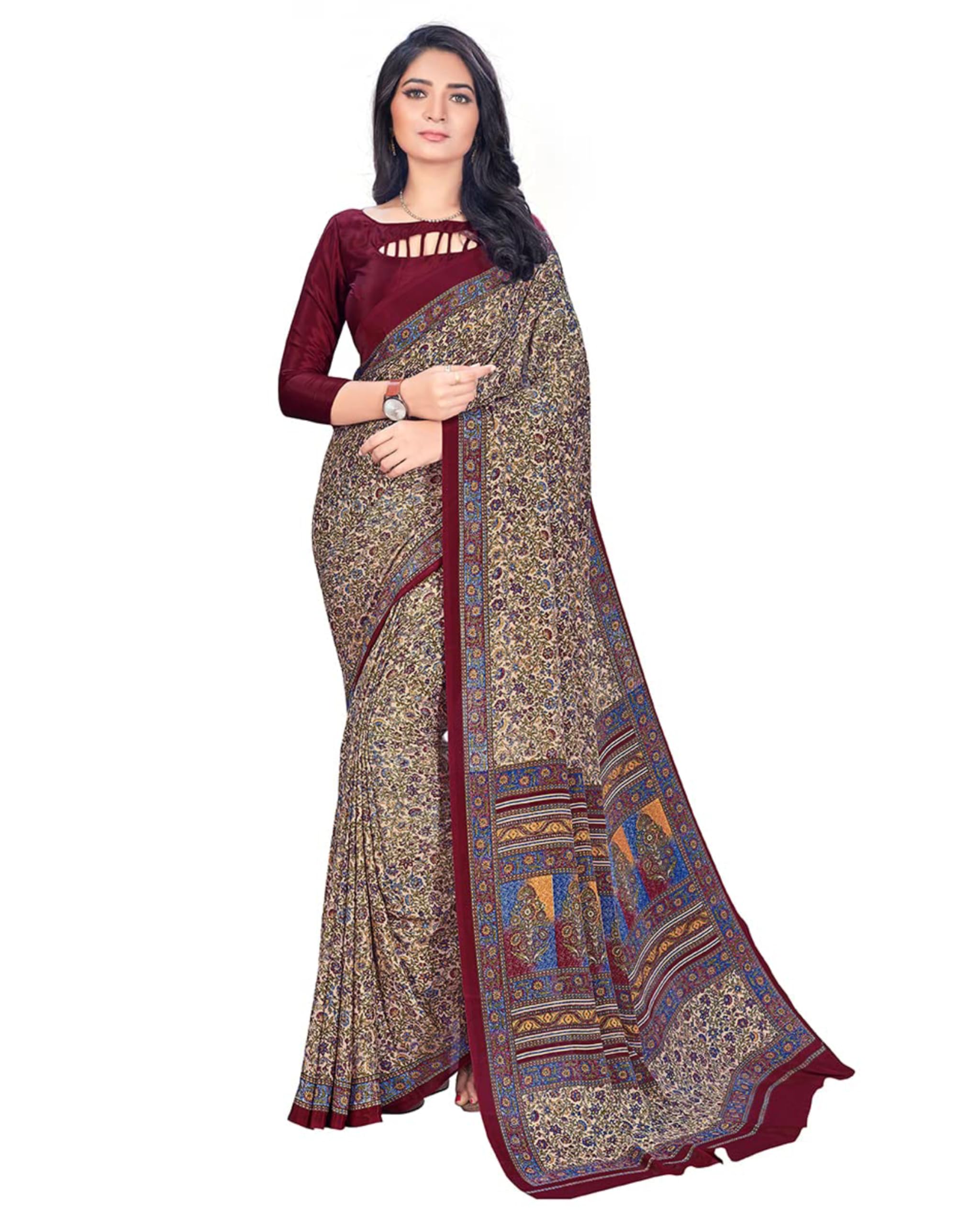 Women's Multicolor Crepe Silk Uniform Saree with Blouse – Elegant, Comfortable, and Stylish Saree for Office, Formal, and Traditional Wear, Perfect for Every Occasion-image-42