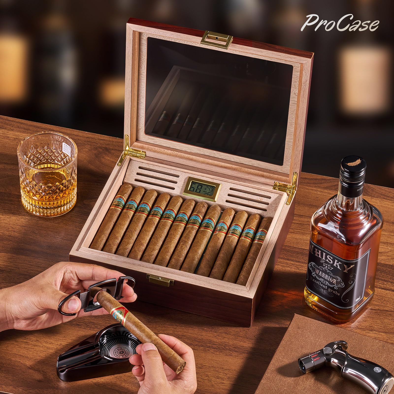 ProCase Cave à Cigares avec Hygromètre Numérique et Humidificateur, Boîte à Cigares avec Intérieur en Bois de Cèdre pour 20 à 25 pcs, Humidor Idéal pour Homme Amateur de Cigares Cubains -M