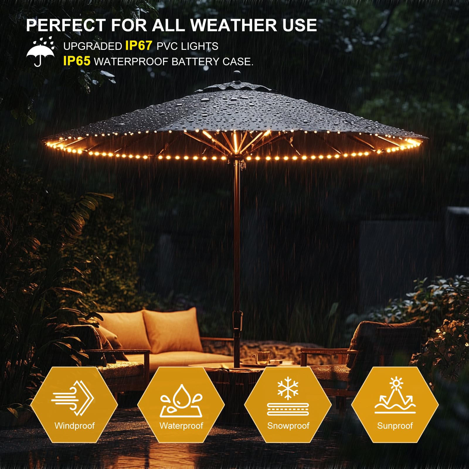Luces LED inalámbricas para sombrilla de patio con control remoto, funciona con pilas, impermeable, se adapta a decoraciones de paraguas de 6 a 11 pies de diámetro (blanco cálido)
