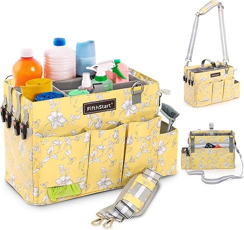 Miniatura 19 de FifthStart Organizador de limpieza multiusos con cintura, correa para el hombro, base de malla y 9 bolsillos, organizador de pañales fácil de
